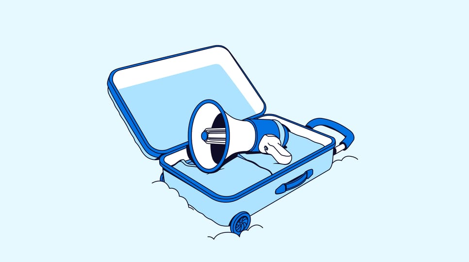 Illustration of a megaphone resting in an open suitcase on a cloud, representing advertisers reaching winter travelers.
