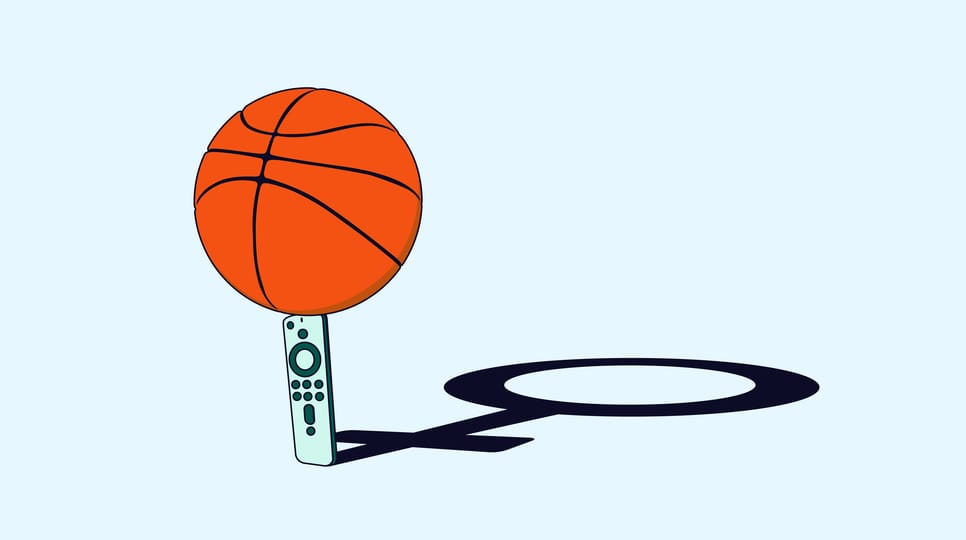 Blue graphic of a basketball balancing on a tv remote with The Trade Desk logo in the top left corner