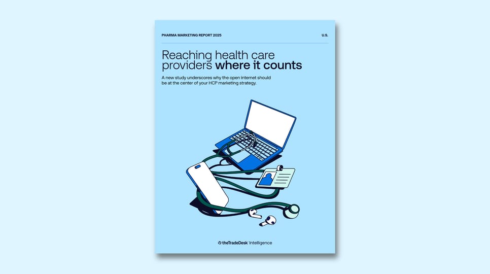 Cover of Pharma Marketing Report 2025 with illustration of a laptop, smartphone, stethoscope, ID badge, and earbuds highlighting strategies to reach health care providers.