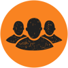 Orange circle logo with three graphics of heads