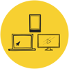 Yellow circle logo with graphics of a tablet, laptop and a computer