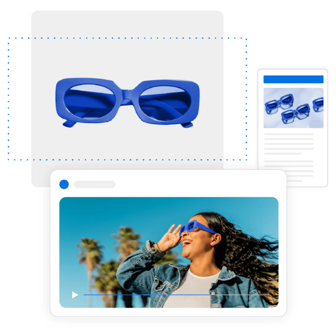 A digital collage featuring blue sunglasses in a product listing, an online article, and a video of a woman wearing the sunglasses outdoors, representing eCommerce and digital marketing.