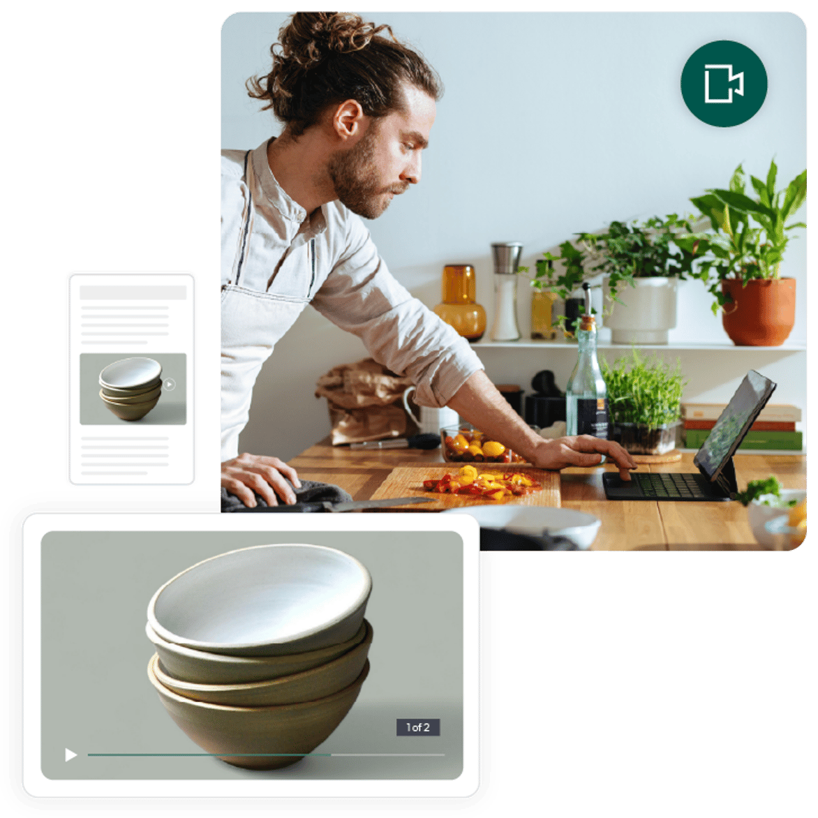 A digital collage featuring a man cooking in a kitchen while using a laptop, accompanied by product images and videos of ceramic bowls, representing online shopping and digital engagement in culinary activities.