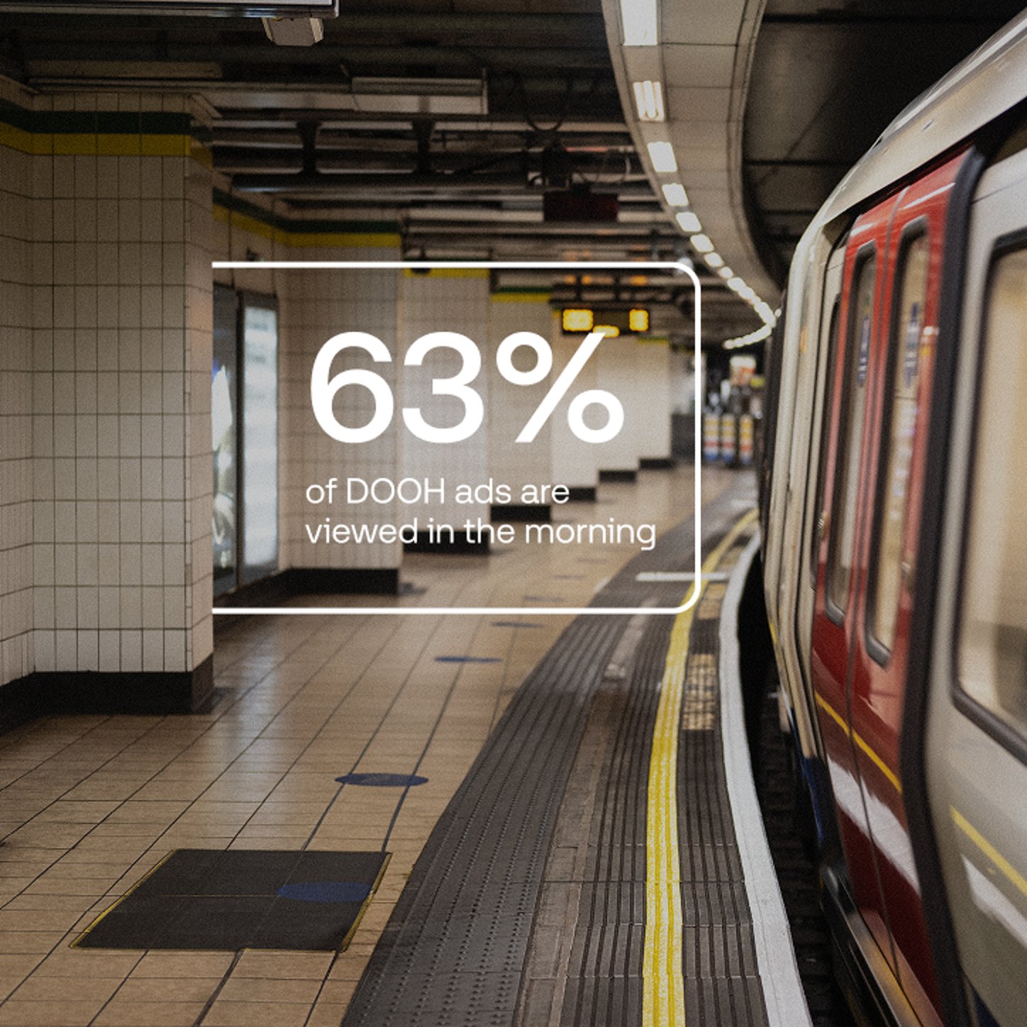 A statistic stating “63% of DOOH ads are viewed in the morning” is displayed over a photo of a subway platform with a train stopped on the right side.