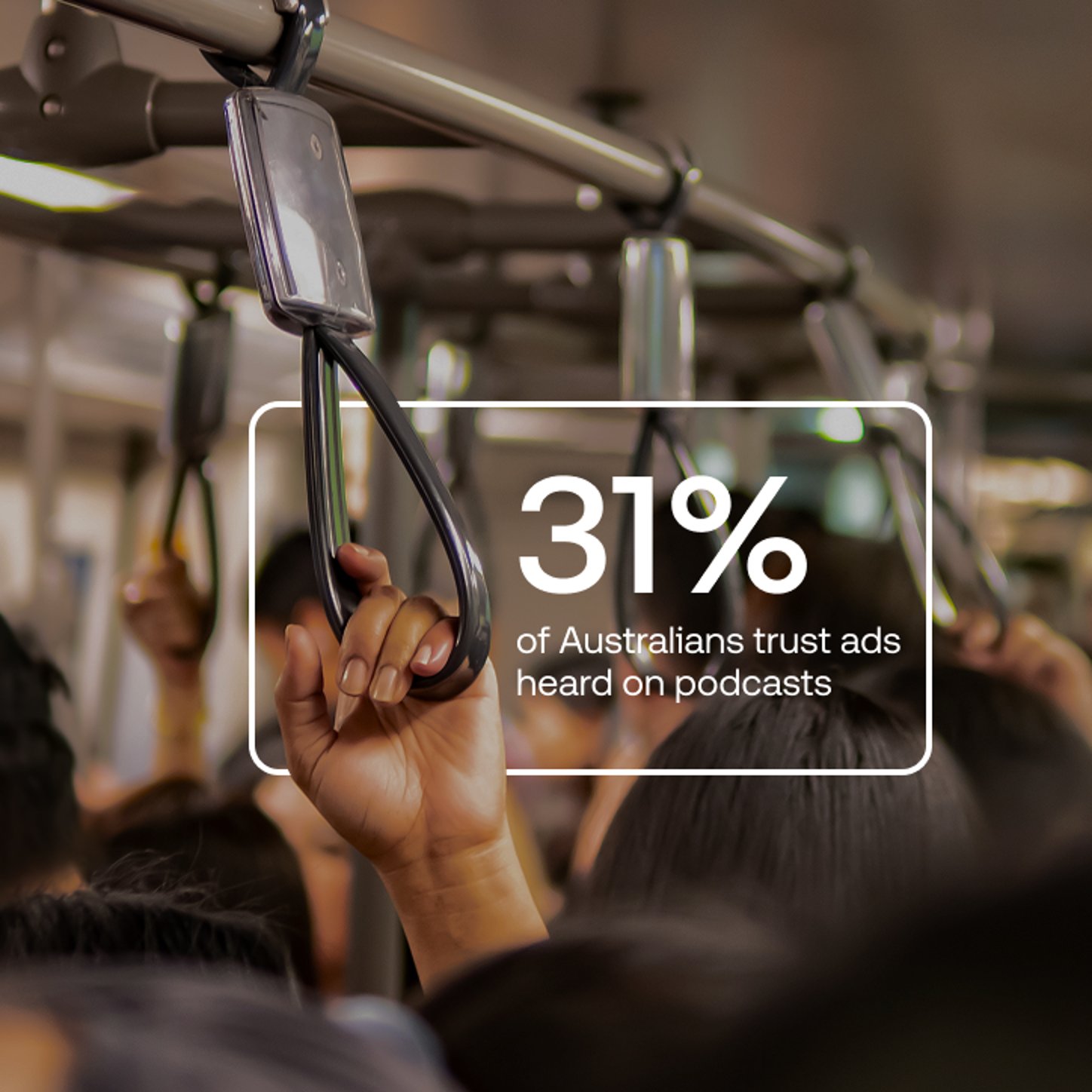 A statistic reading “31% of Australians trust ads heard on podcasts” is overlaid on an image of a crowded train, focusing on a raised hand gripping a strap.