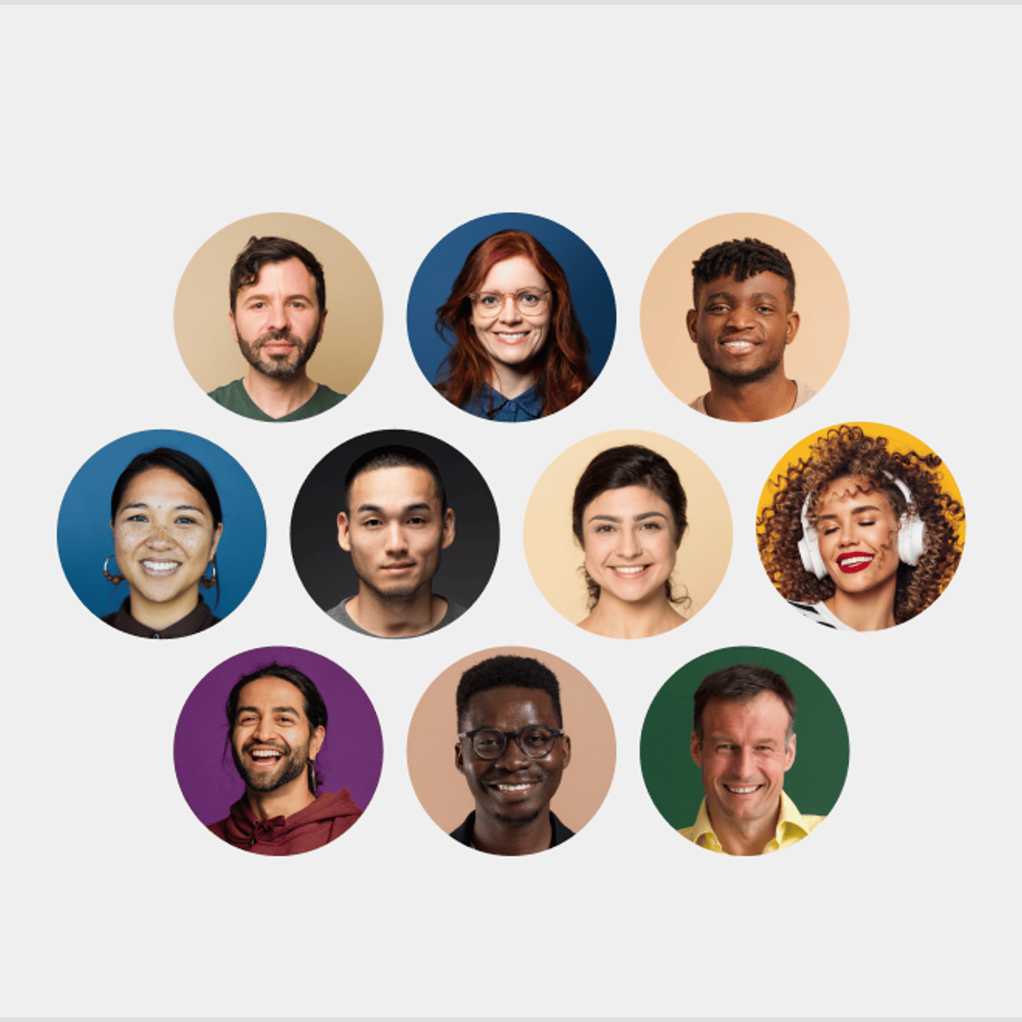 Collage of diverse smiling individuals in circular portraits, representing a global and inclusive community