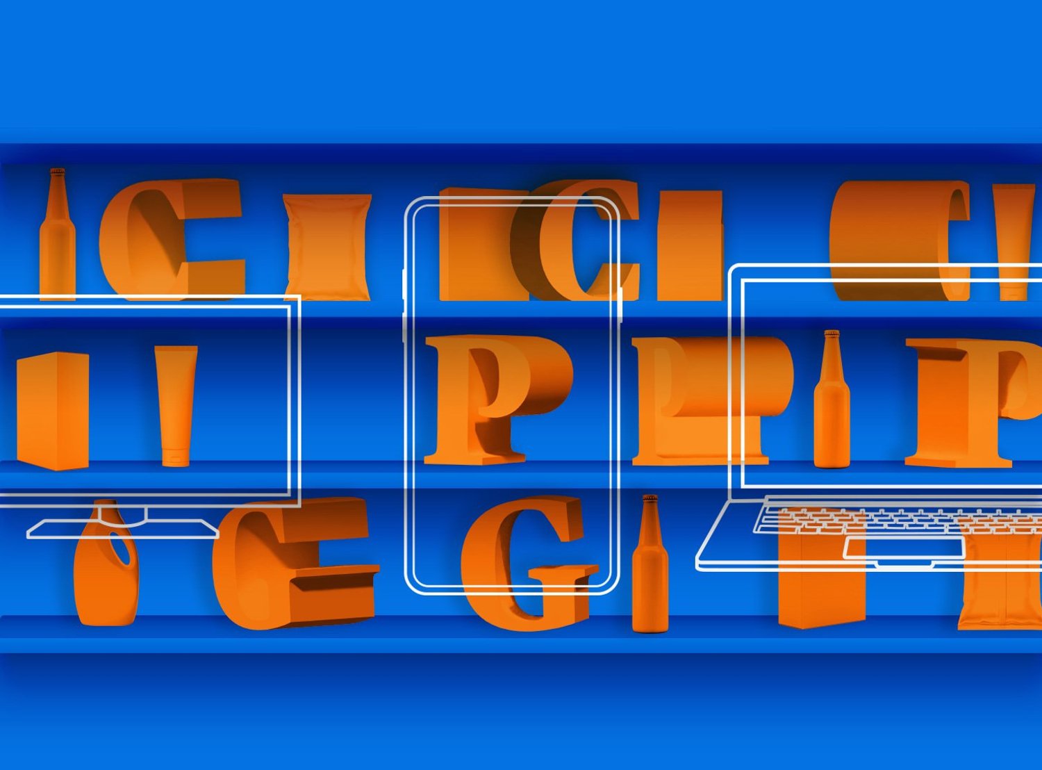 Various orange block letters with illustrated screens laying over