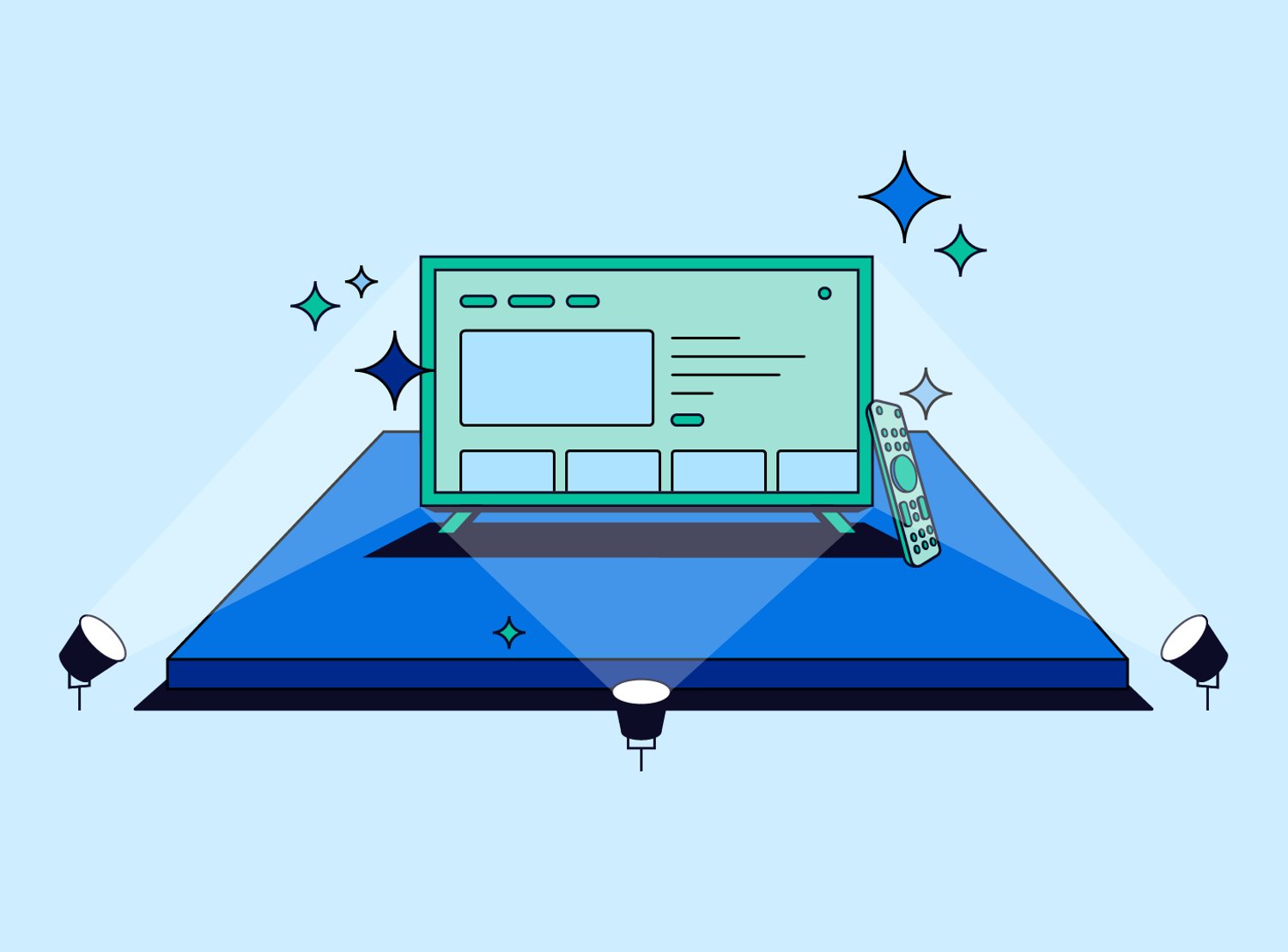 Illustration of a digital TV interface on a pedestal under spotlights, surrounded by sparkles, with a remote control leaning against the screen.