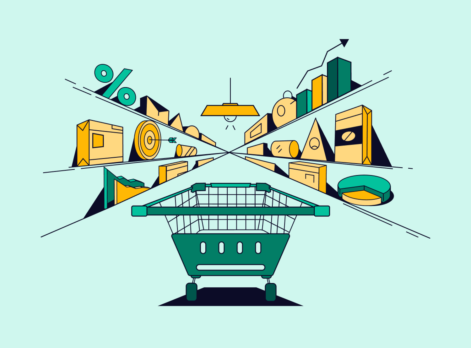 Illustration of a shopping cart moving down an abstract aisle lined with data charts, graphs, and symbols representing analytics and marketing metrics.