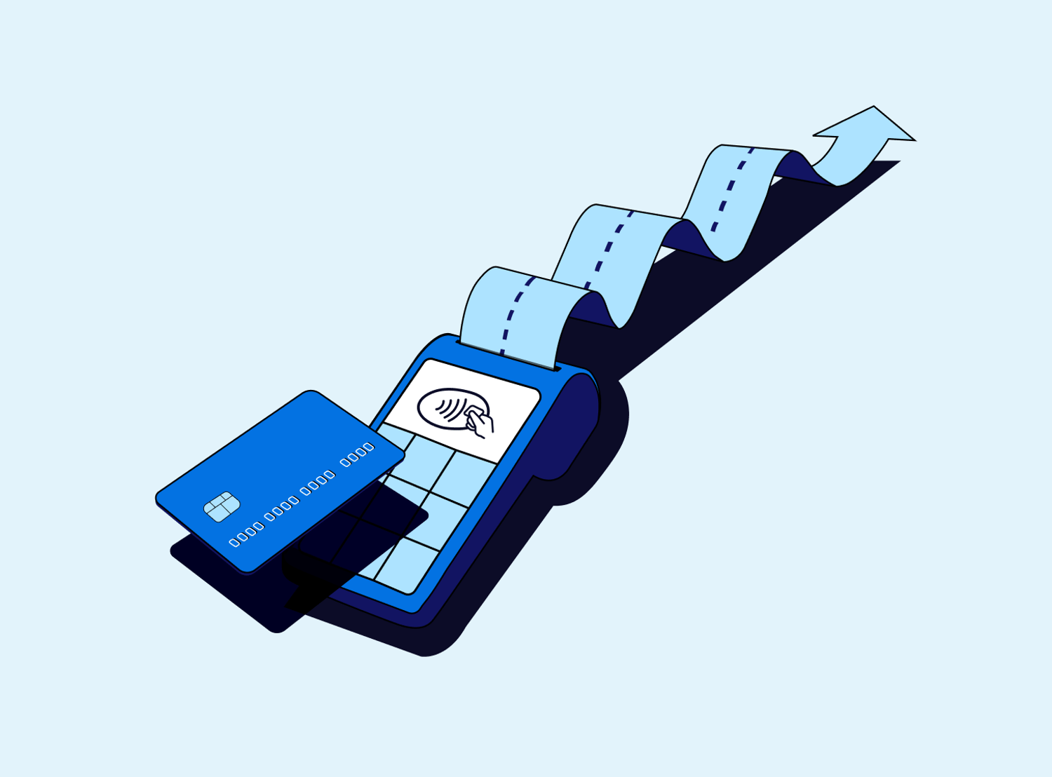 Illustration of a payment terminal with a credit card and a receipt forming an upward arrow
