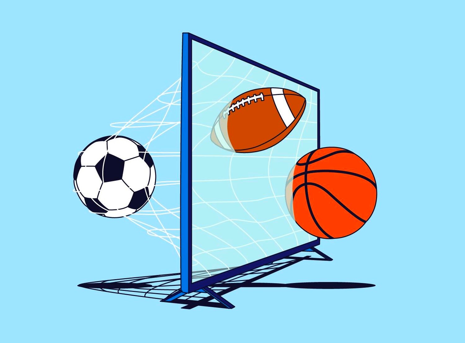 Graphic of a soccer ball, football and basketball all going into a soccer goal net.
