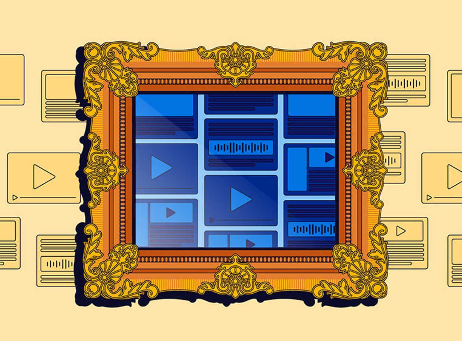 A group of ads are displayed on a wall. An ornate frame outlines and highlights a section of the ads, indicating that the ad opportunities within the frame have been selected as the most valuable opportunities.
