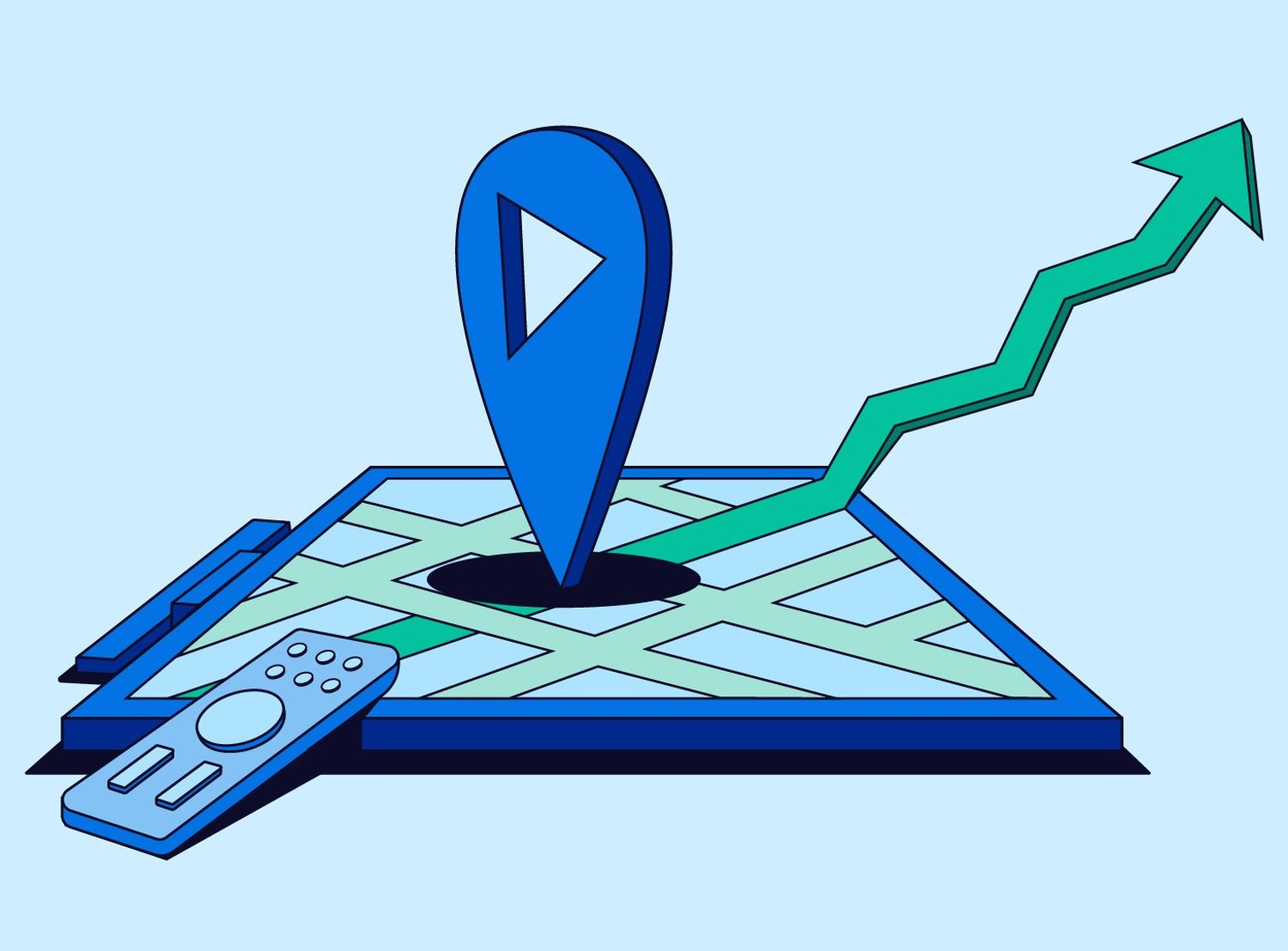Blue graphic of a line chart going upwards from a digital map, to represent the Haworth Comscore Partnership x The Trade Desk
