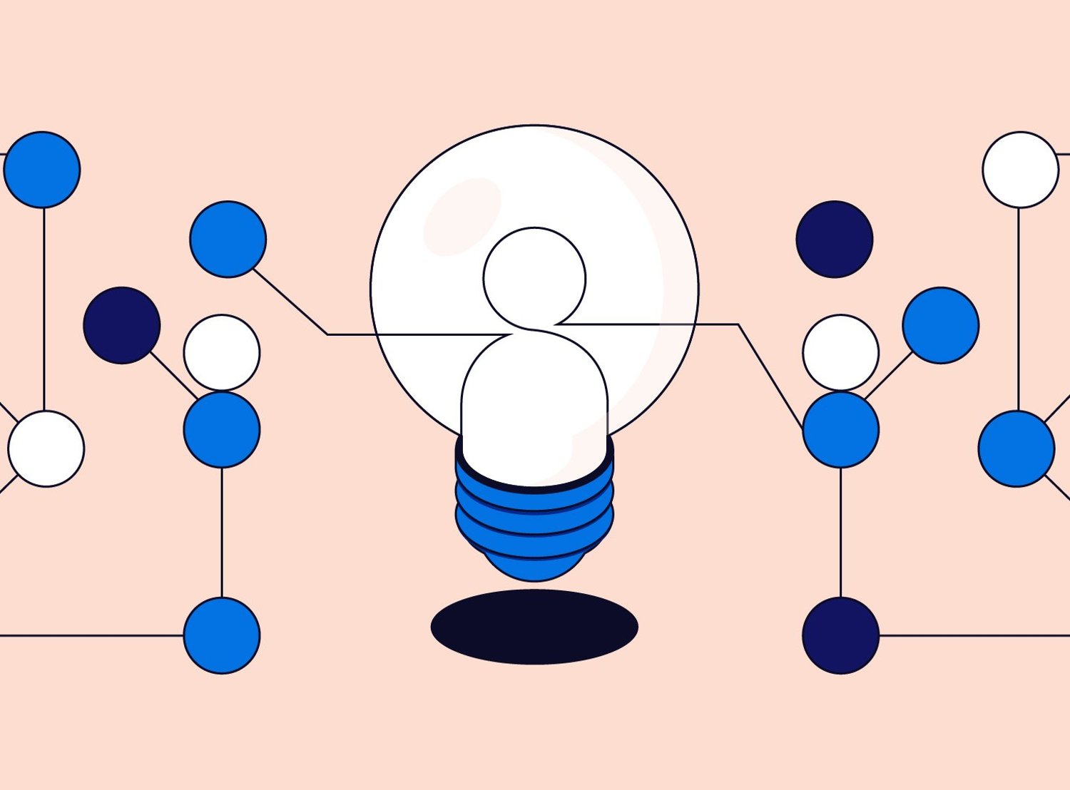 Illustration of a light bulb figure connected to a network of blue, white, and dark blue nodes on a light peach background.