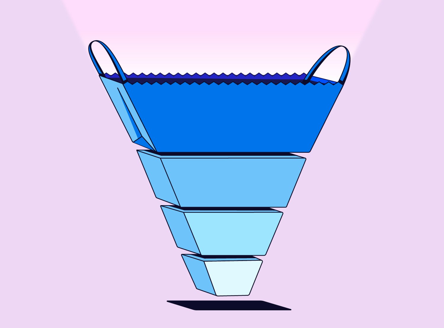 Alt text: An illustration of a marketing funnel. The top level of the funnel is an open shopping bag.