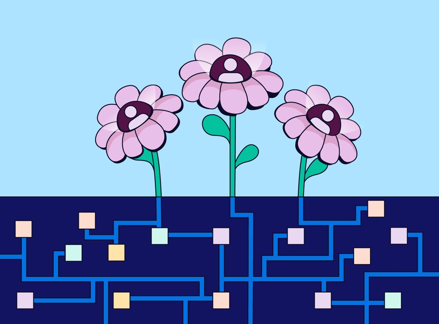 Image shows a trio of flowers above soil containing interconnected digital circuits and colored squares, against a light blue background.