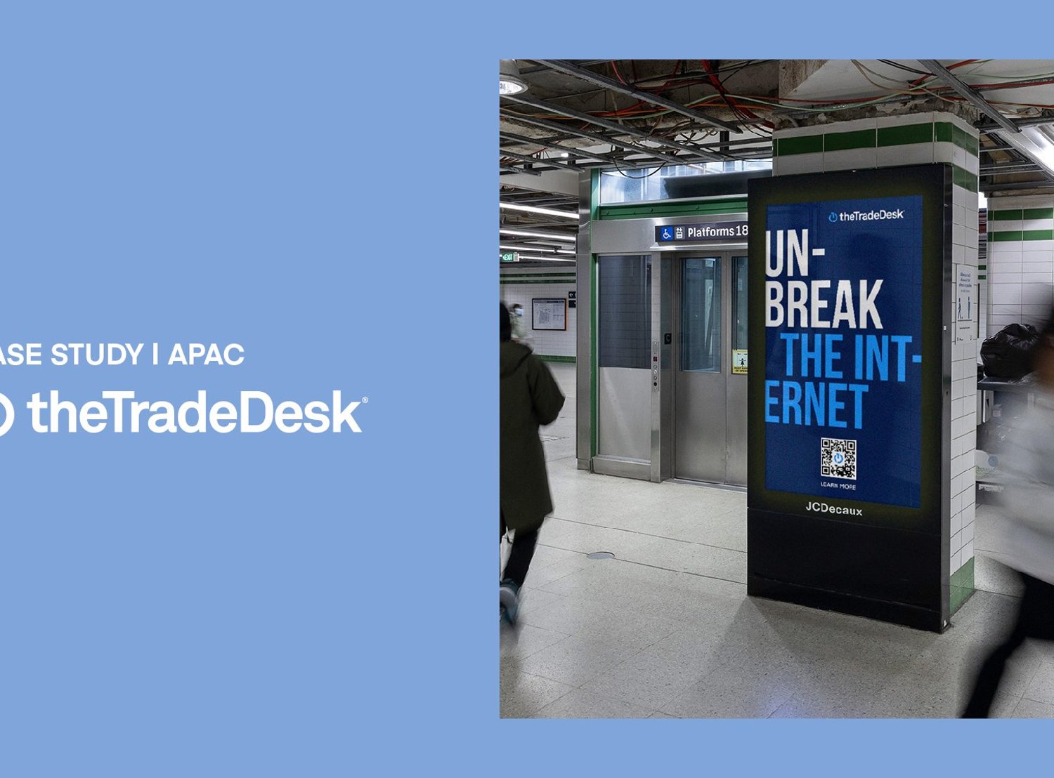 The Trade Desk Omnichannel Case Study | APAC | Blue background with an image of a DOOH ad with people walking by