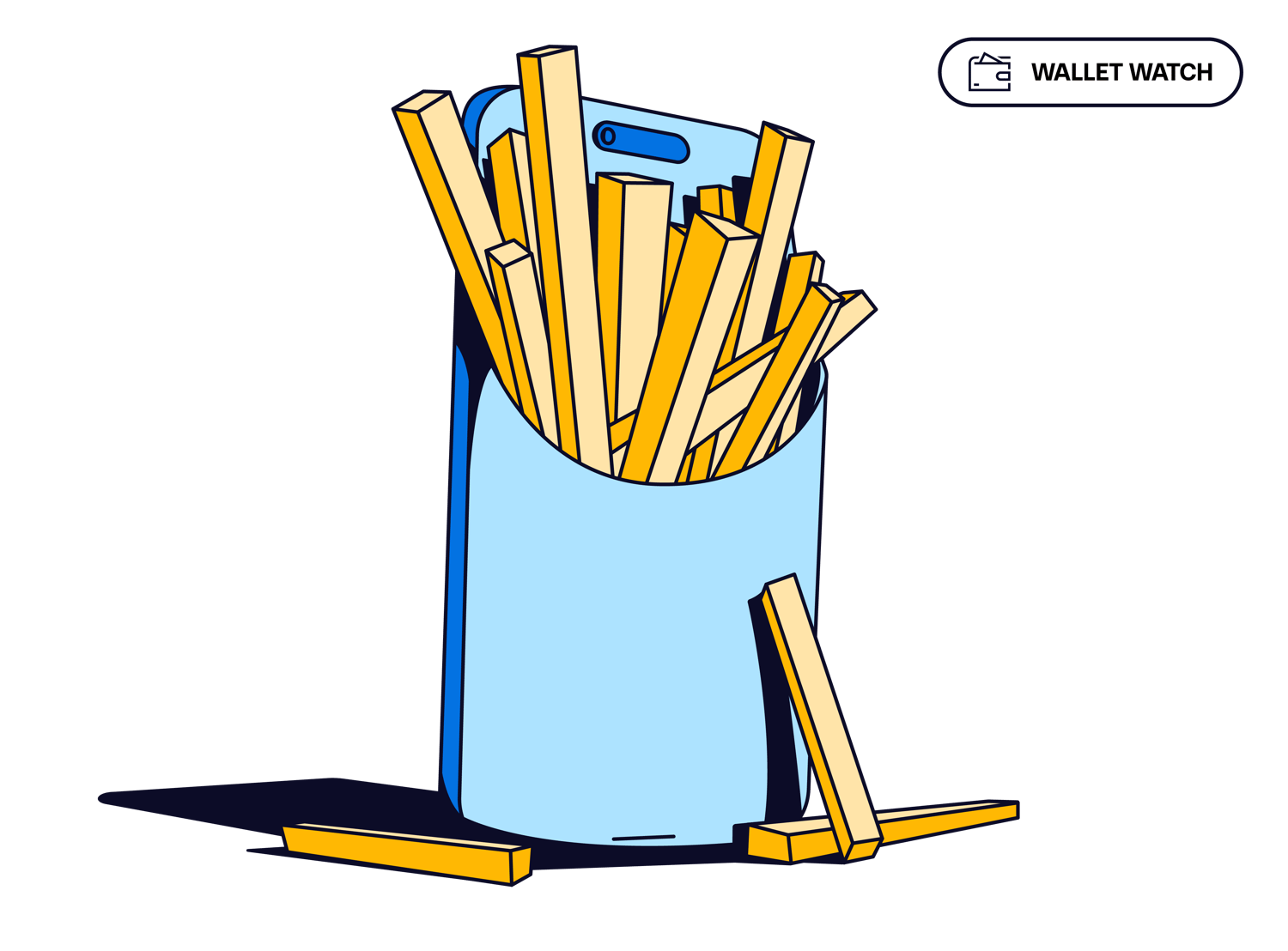 Blue graphic of a carton of french fries with a mobile phone behind it and "Wallet Watch" icon in the top right corner