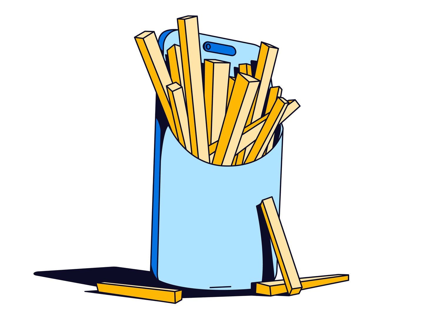 Illustration of a smartphone shaped like a container filled with yellow French fries.
