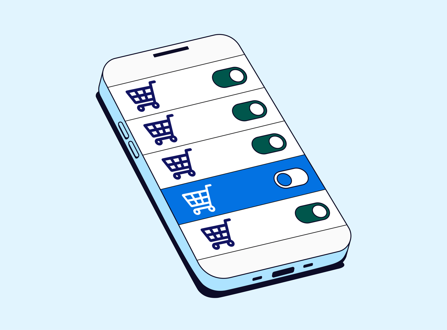 Graphic of a phone with shopping carts and button toggles to represent an article about: There are 2 kinds of personal-care shoppers. Here’s how to reach them.