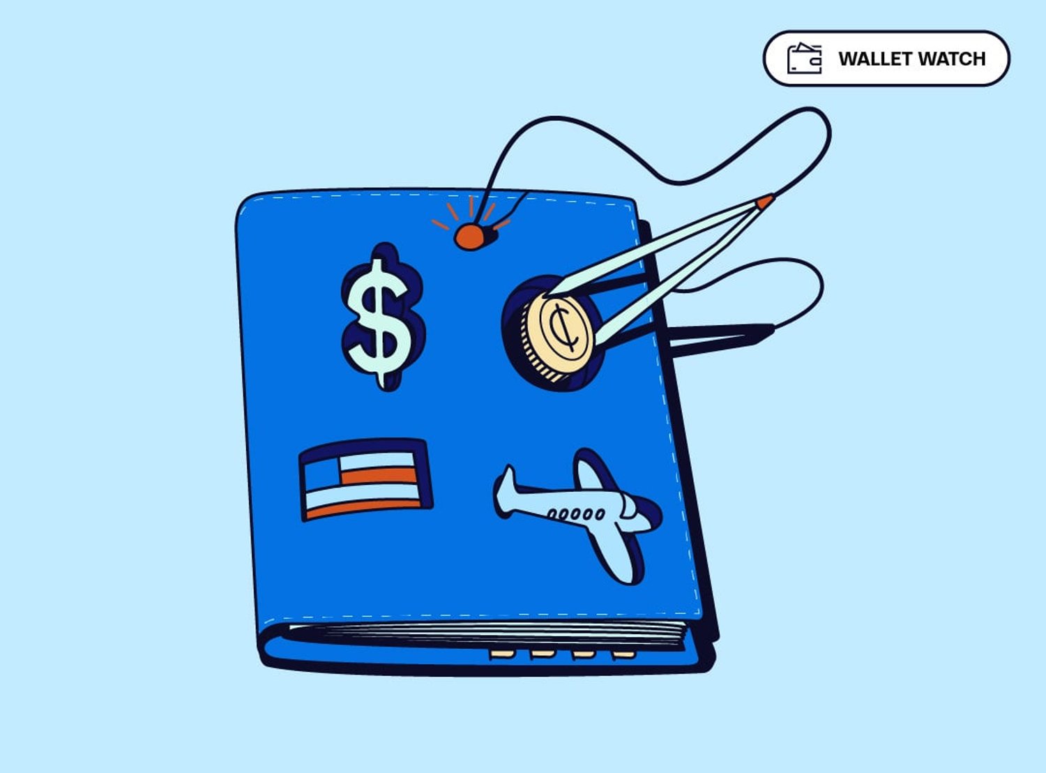 An illustration of a blue wallet with travel and money-themed patches being targeted by a compass tool, symbolizing financial tracking or budget navigation.