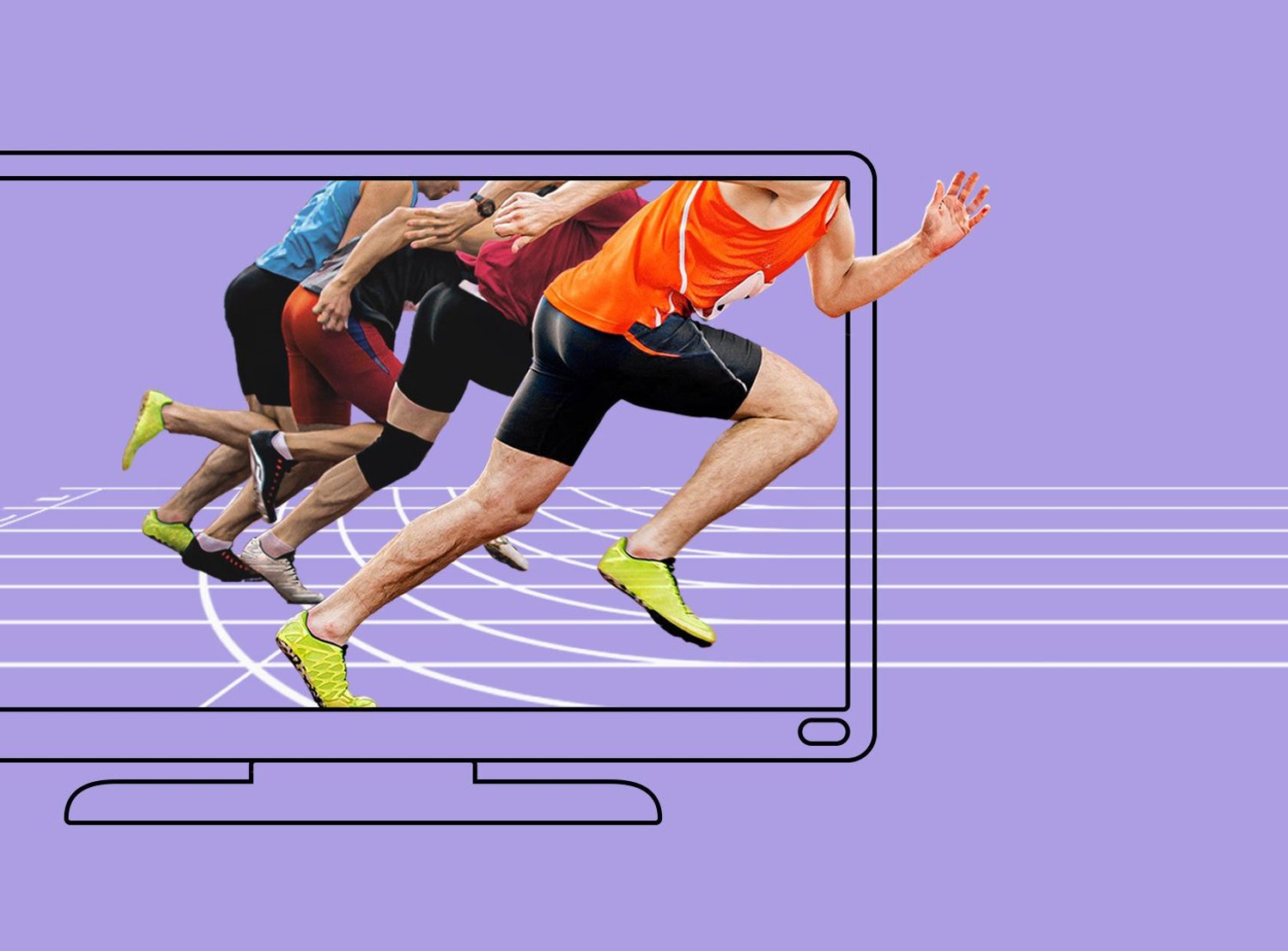 Purple background with a graphic of a computer monitor and photography of runners coming out of the screen