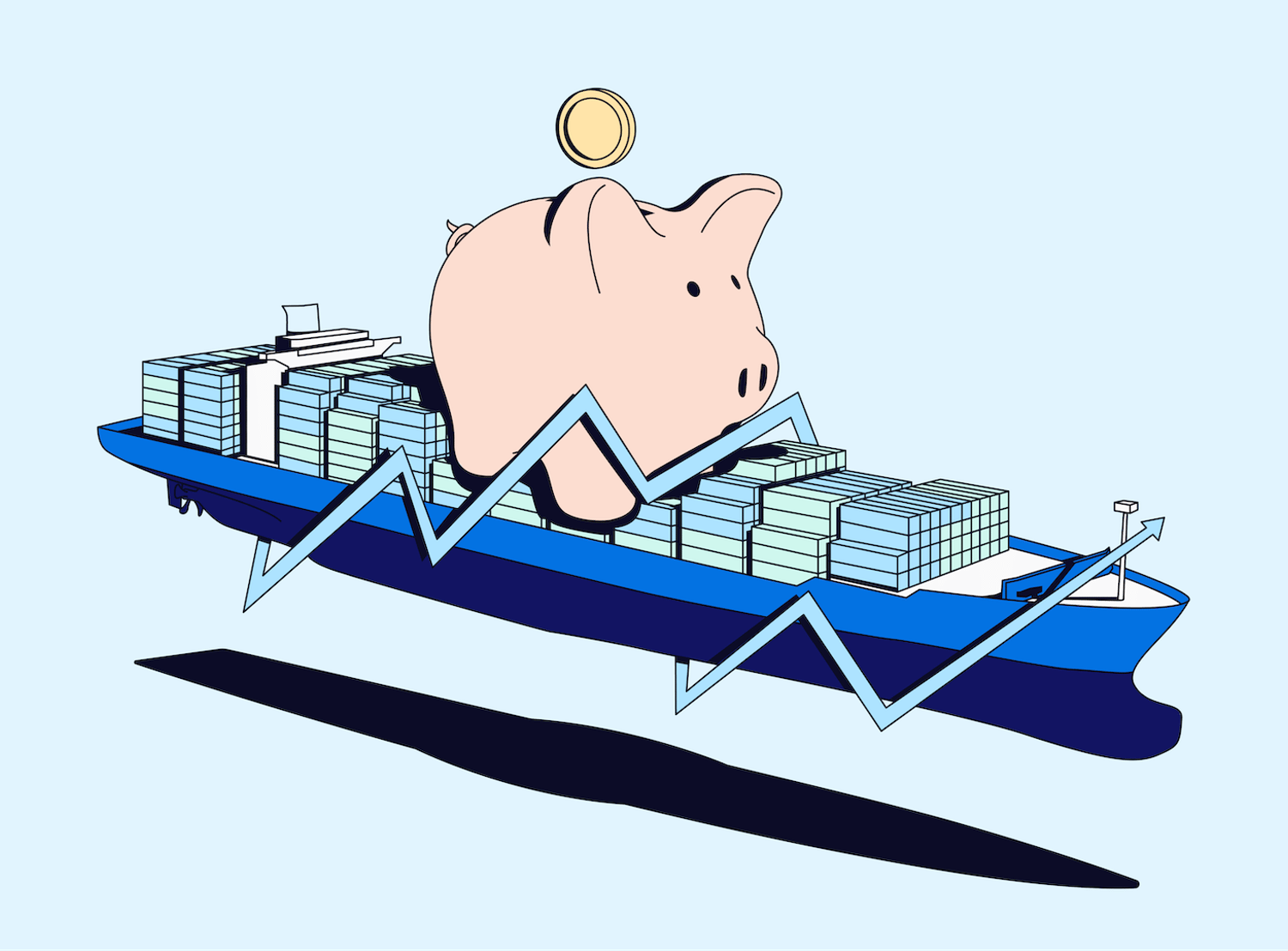 A shipping container ship holding containers and an oversized piggy bank, with an upward trending line circling it.