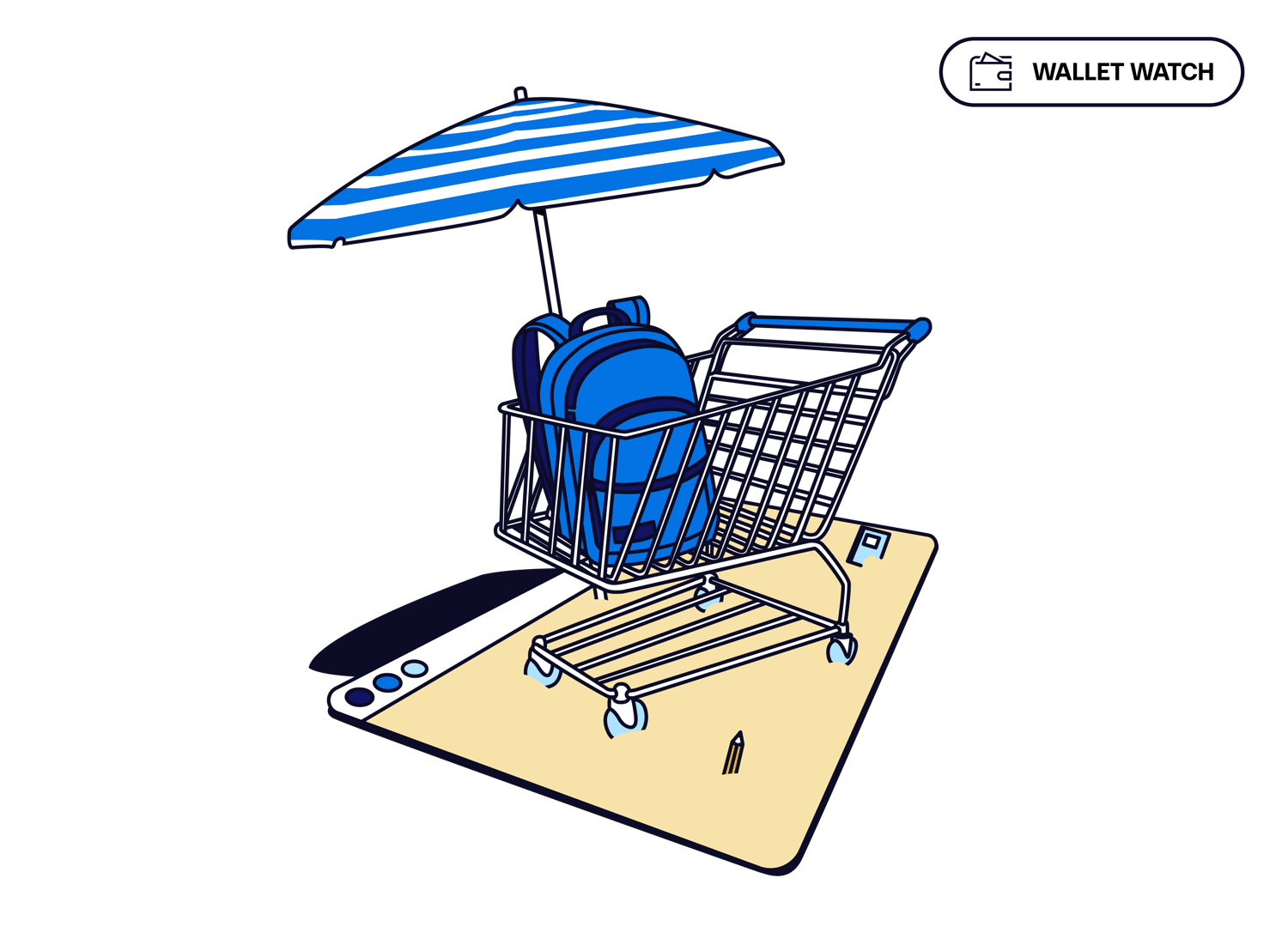 Illustration of a shopping cart with backpacks under a striped beach umbrella, placed on a smartphone screen resembling a beach towel, symbolizing online back-to-school shopping.