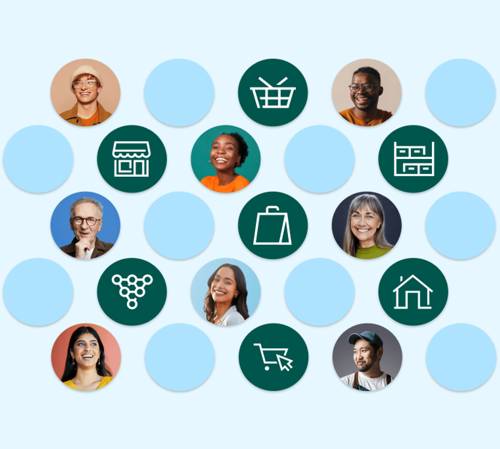 A grid of circular icons and diverse smiling people on a light blue background, featuring symbols for shopping, storefronts, networking, and homes.