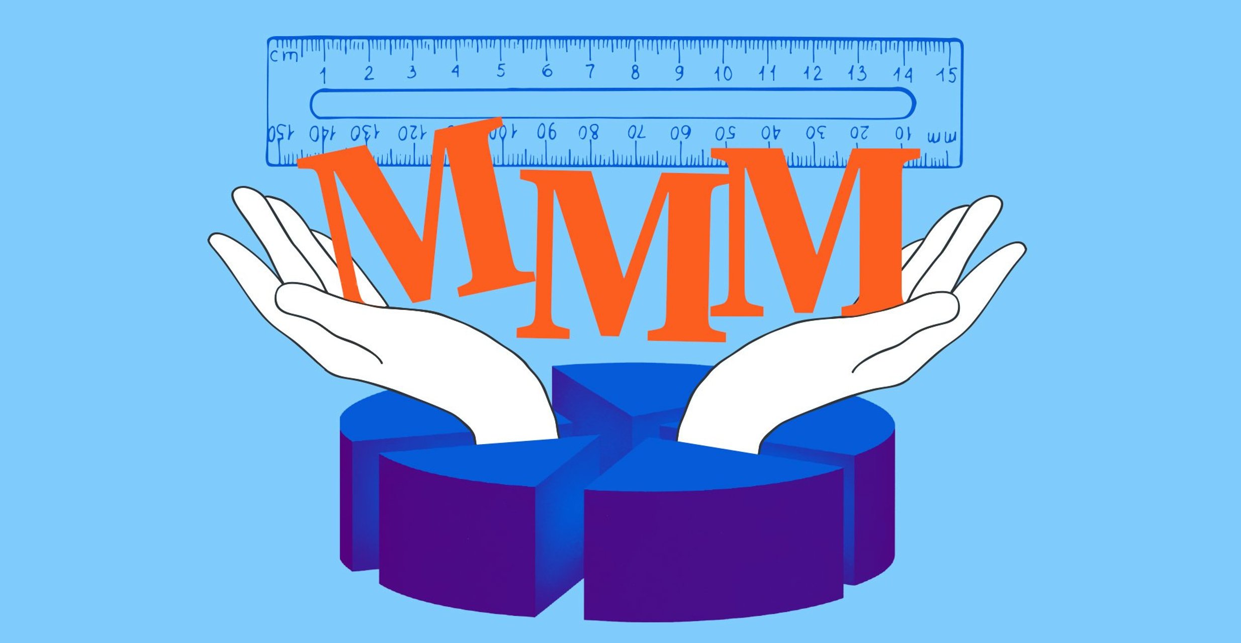 Graphic of hands lifting up the letters "MMM" with a transparent ruler in the background