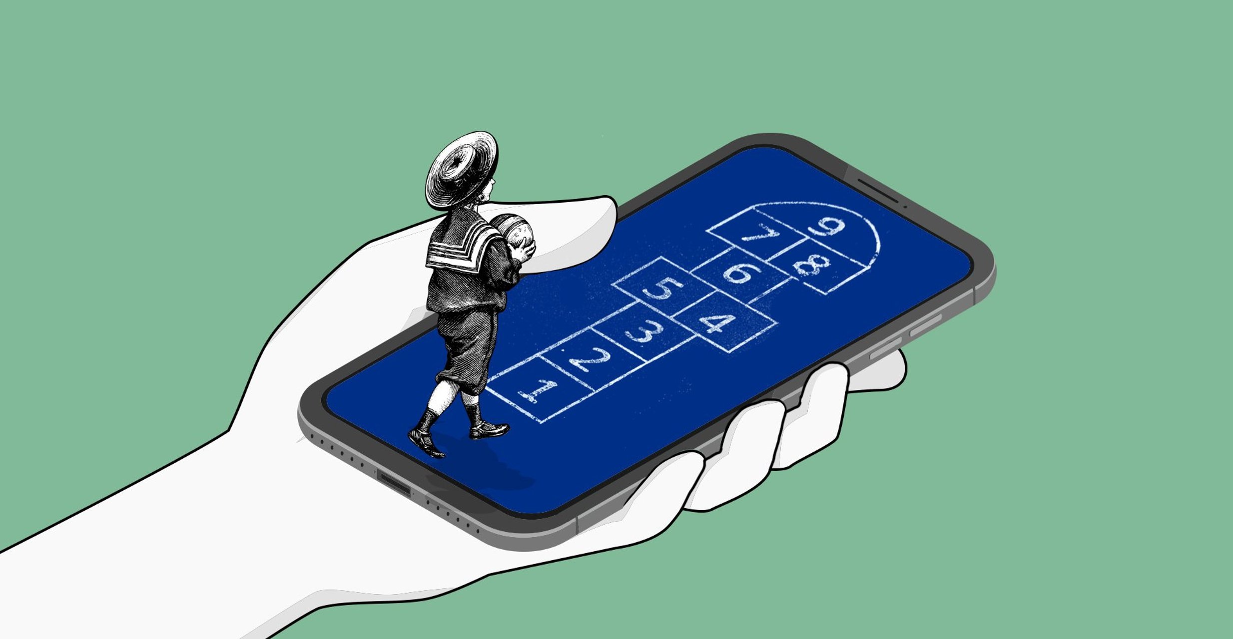 Graphic of a hand holding a mobile phone with a child playing hopscotch across the screen