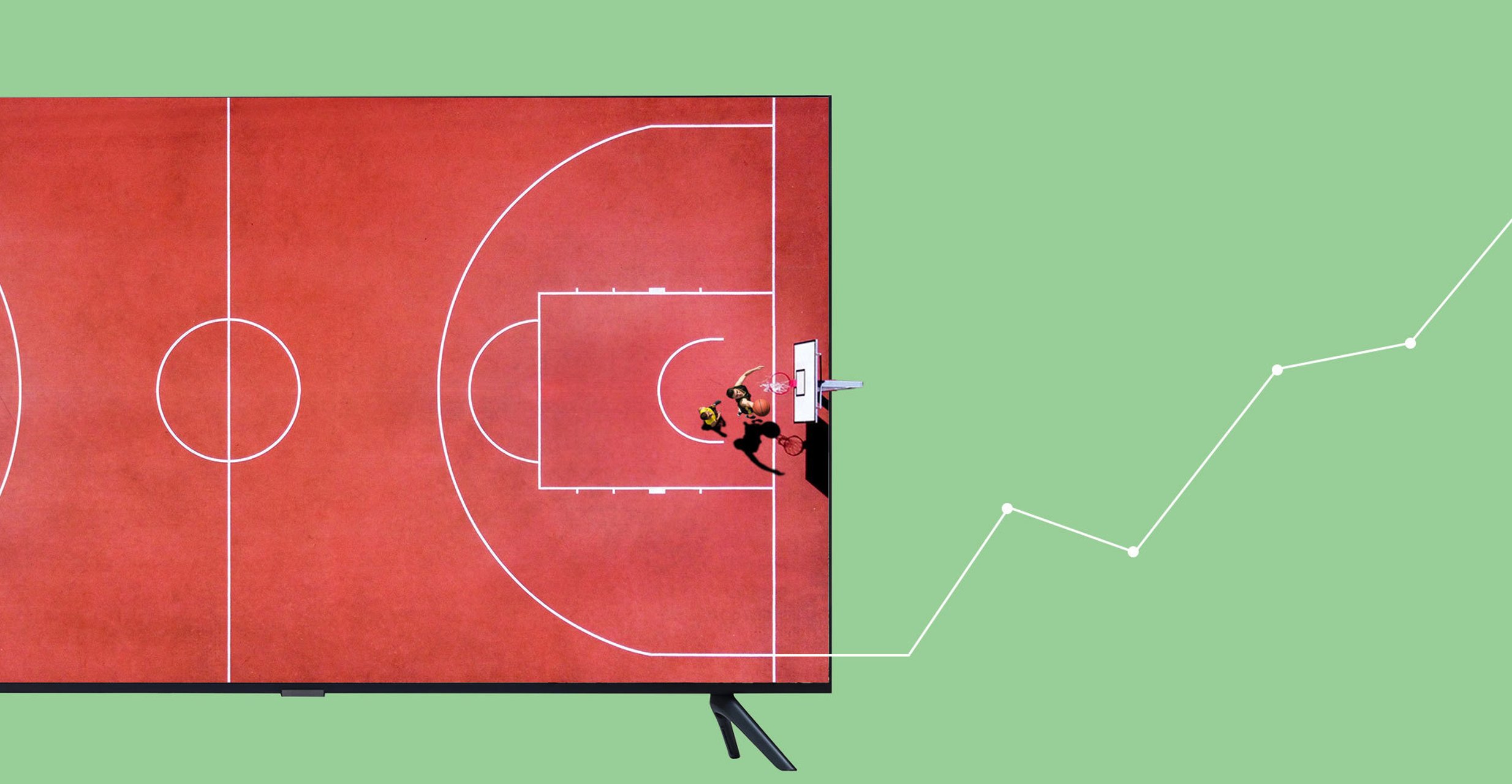 Two basketball players on a court with an illustration of a line graph coming off the court