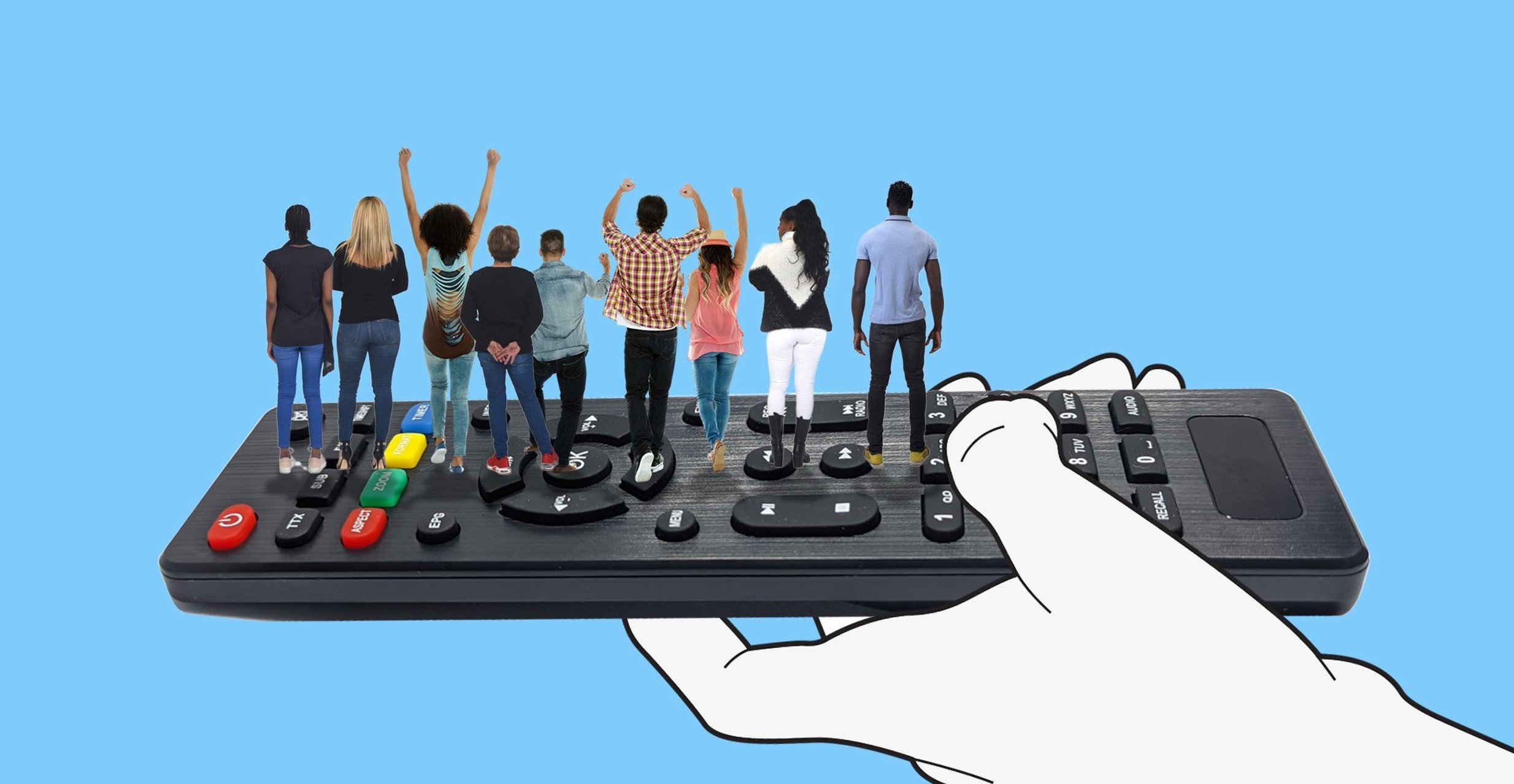 A group of people stand back facing on a remote that's held up by a hand against a blue background