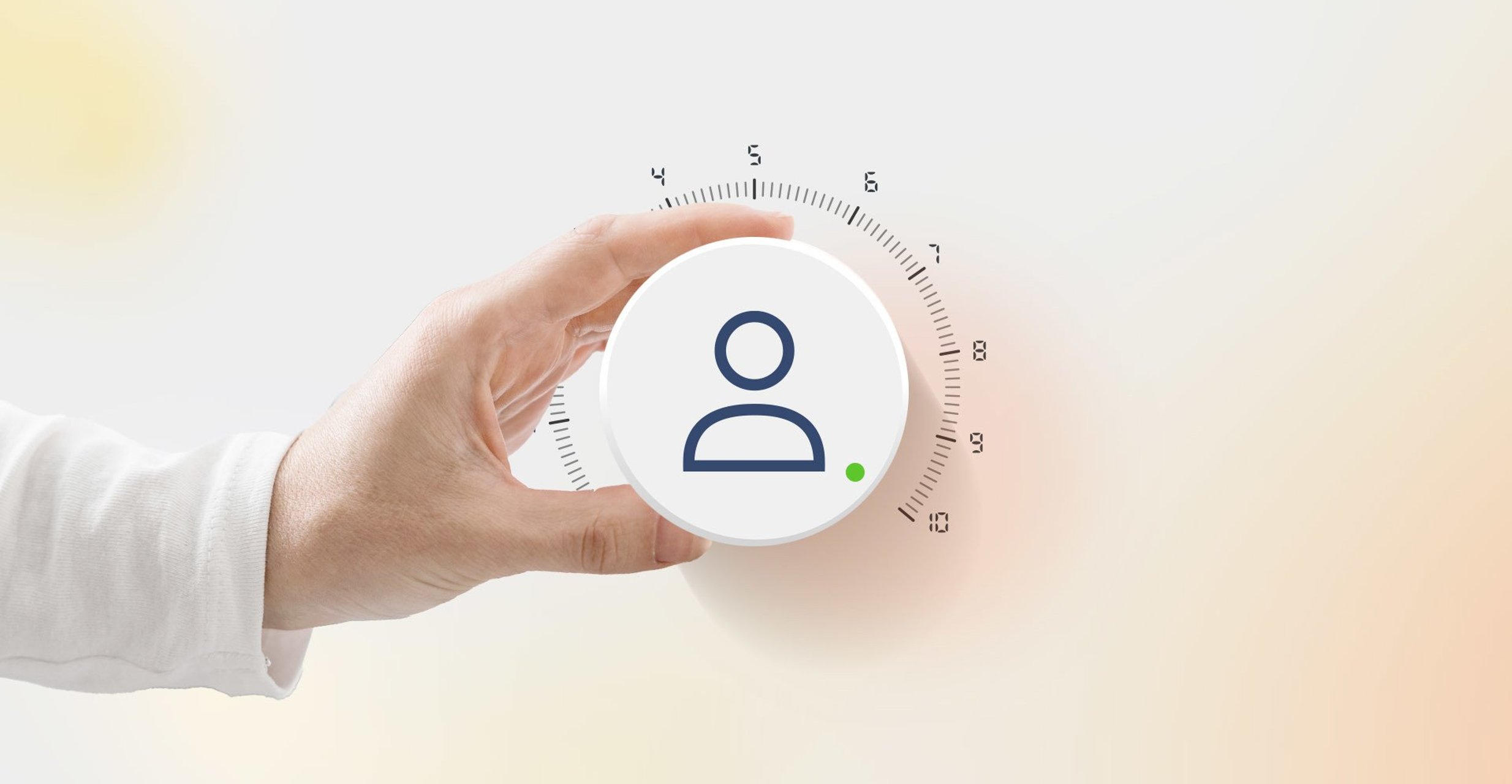 Graphic shows hand holding a thermostat, that has a person icon and green dot, set to 10