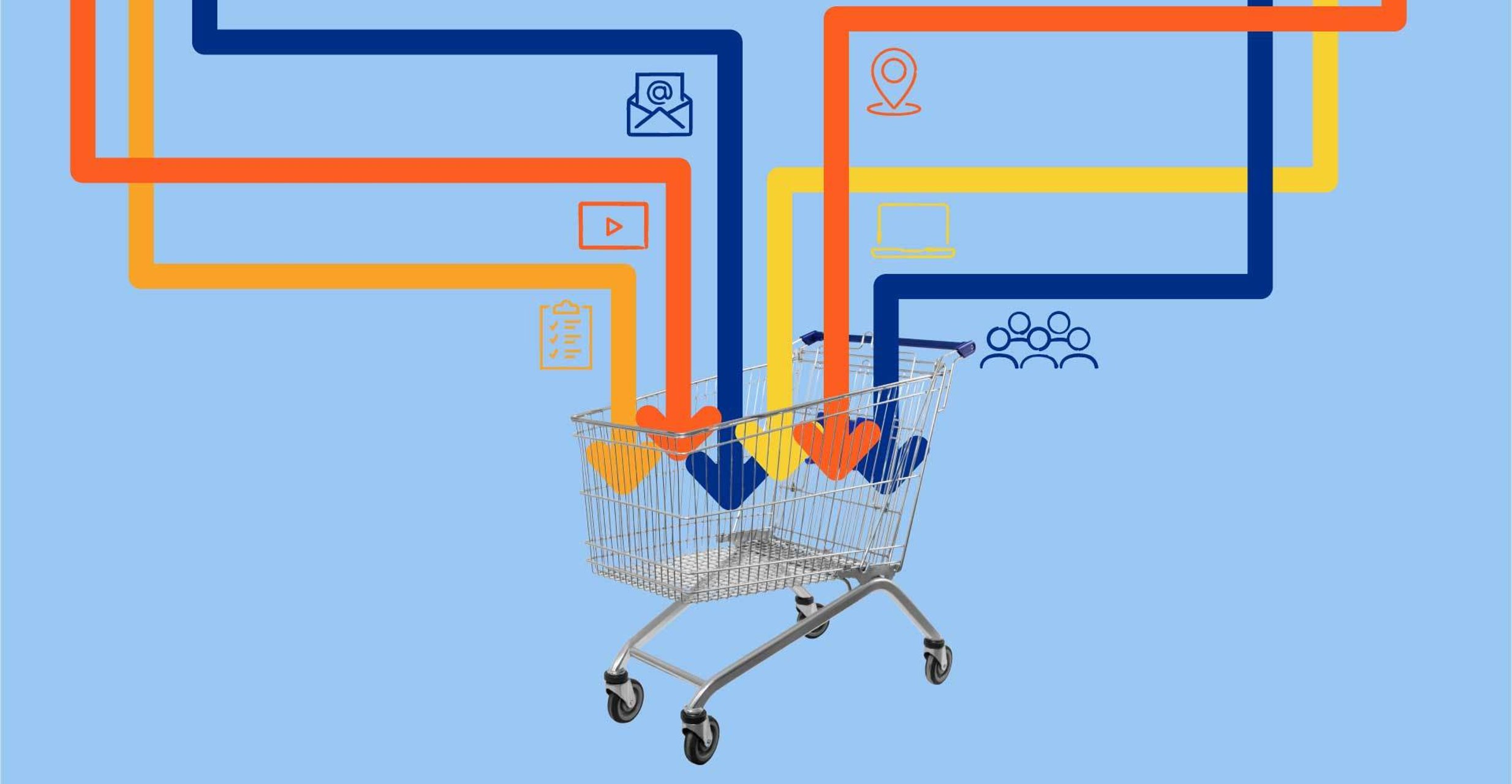 Graphic shows multiple colored arrows that represent varying social icons pointing into a shopping cart