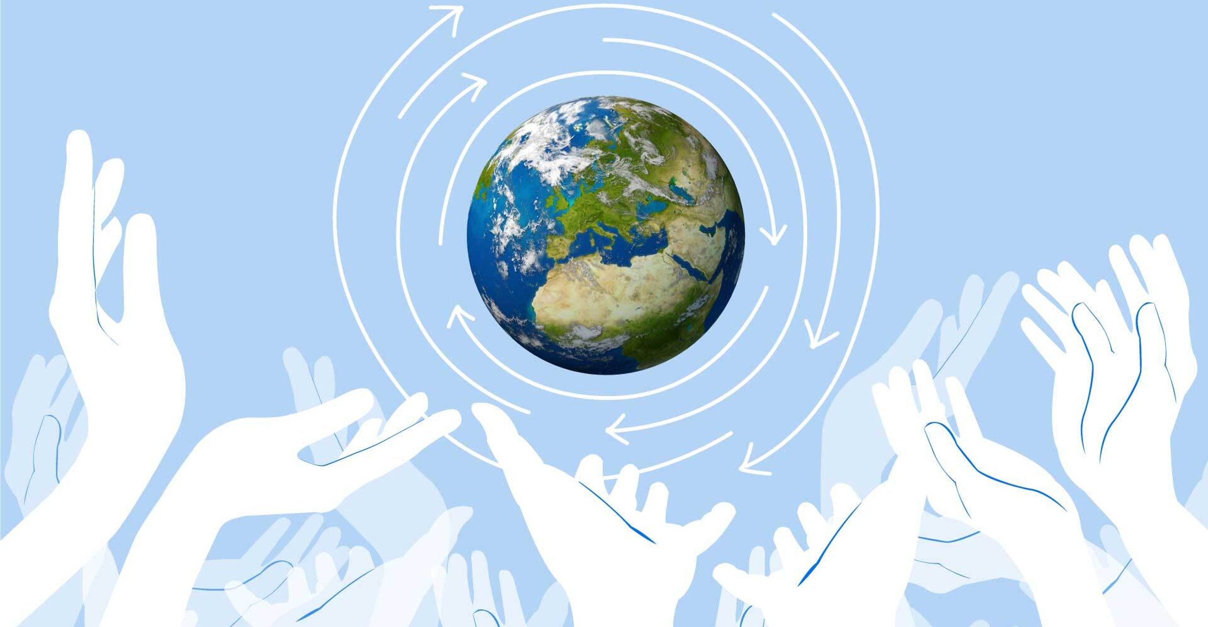 Illustration of hands reaching up to a globe