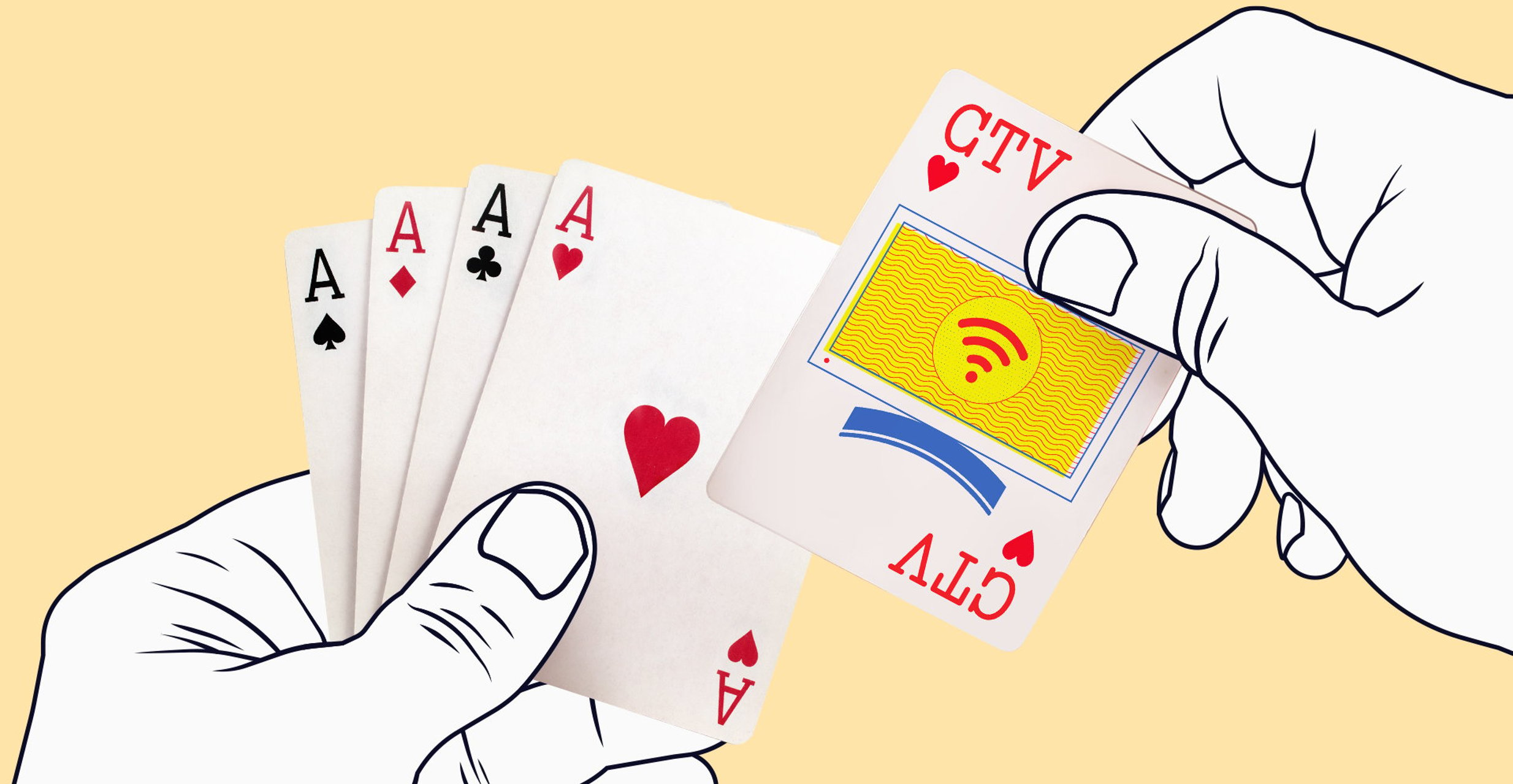 Yellow graphic of two hands with a deck of cards with four aces and one for "CTV"