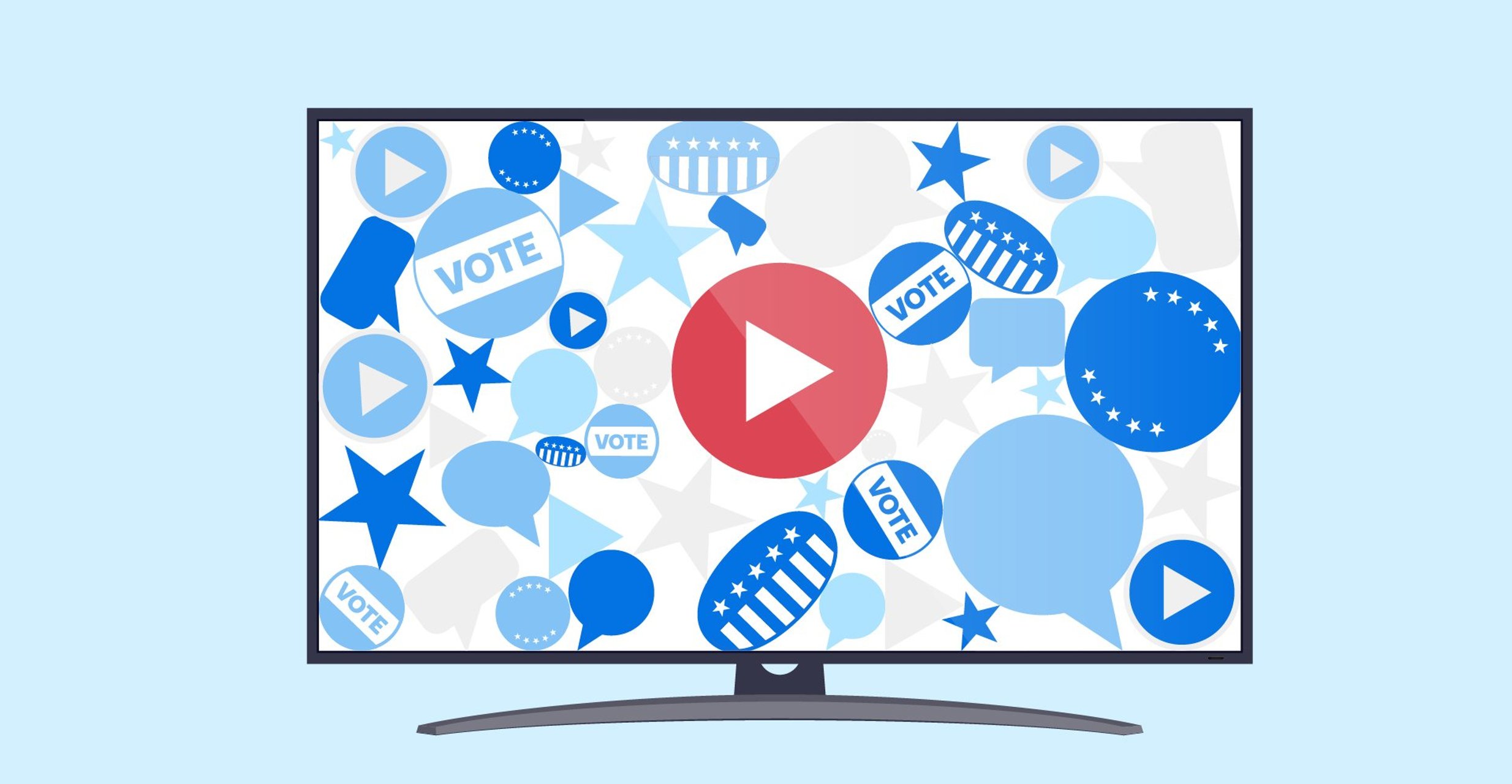 A television screen displays a video play button alongside various VOTE stickers