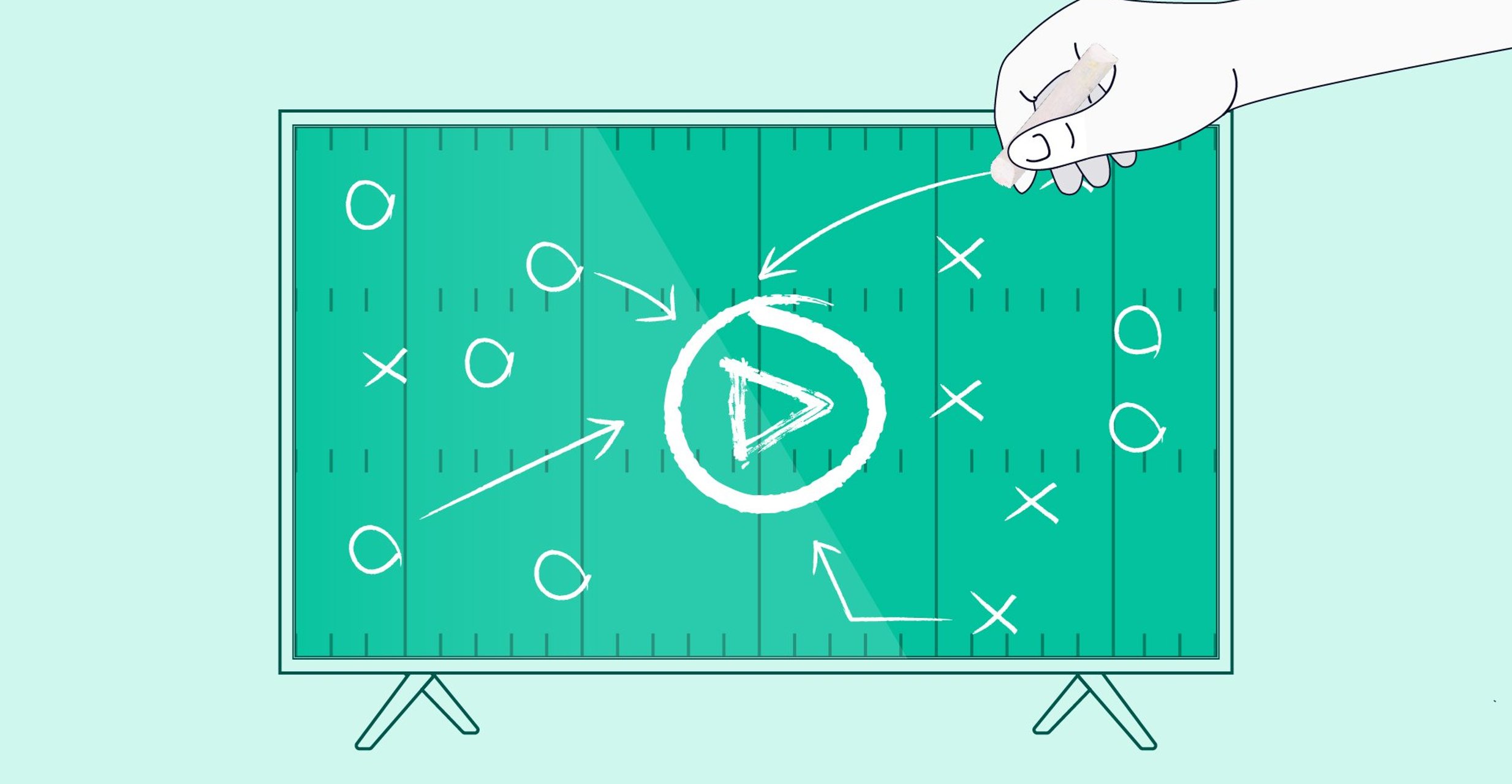 A TV shows a drawing of a football play diagram with a play button in the center