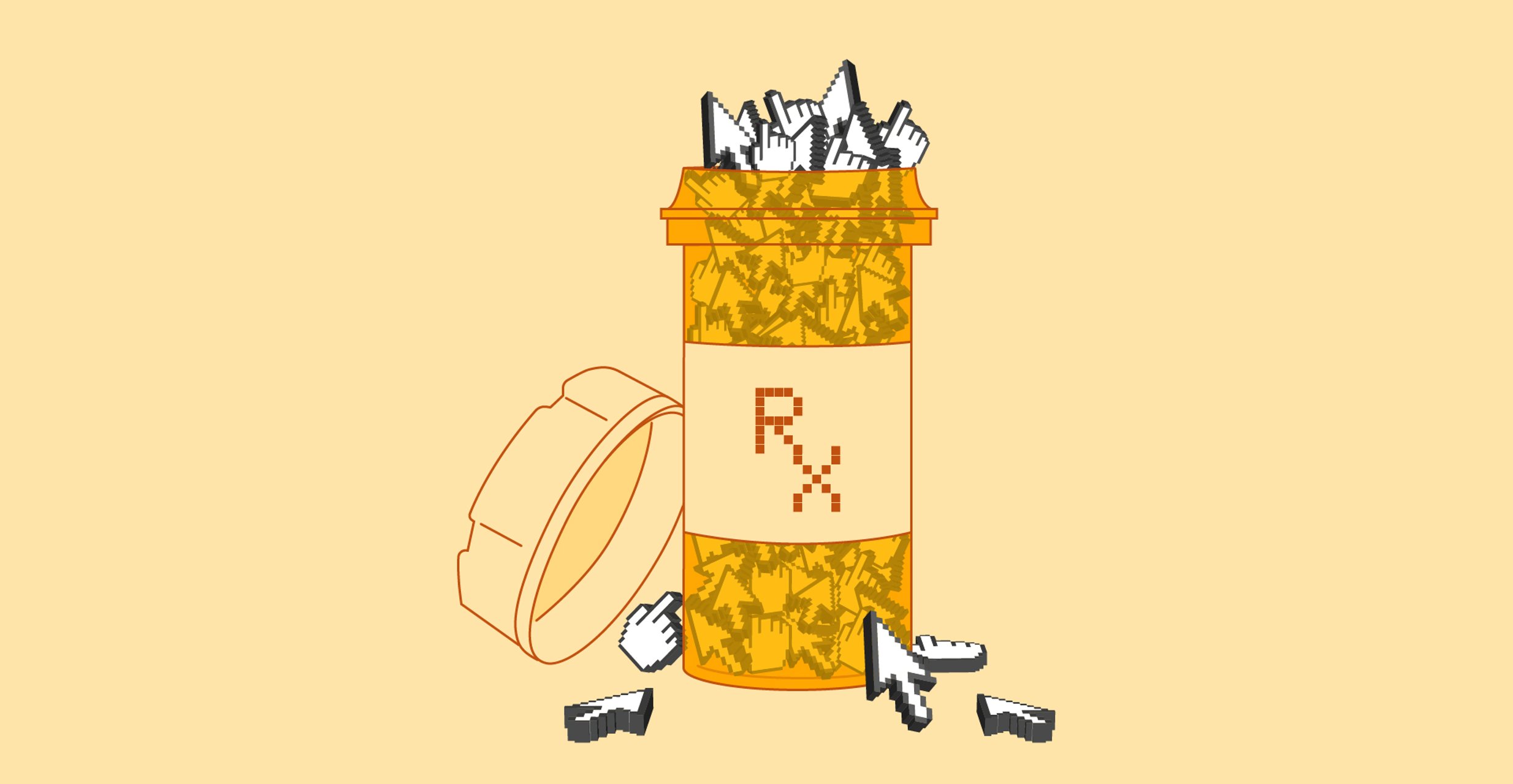 A yellow prescription bottle labeled RX is filled to its brim with white cursors