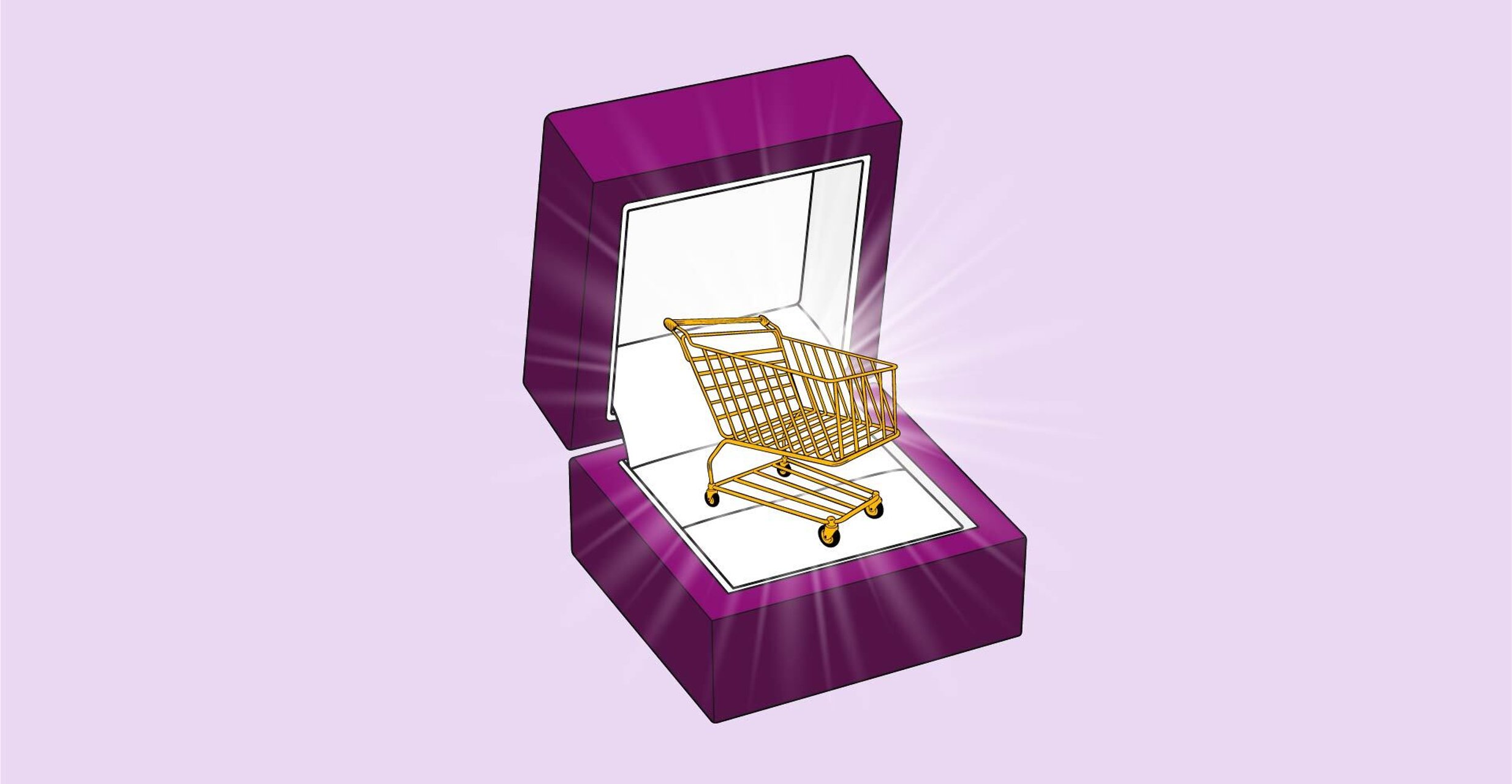 Purple graphic with a shopping cart inside of a ring box