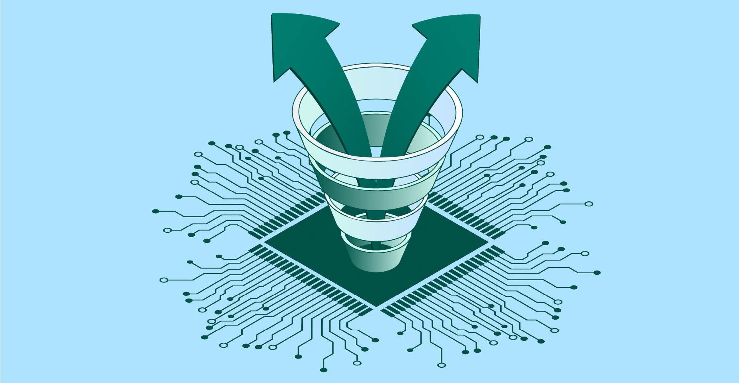 Graphic shows two outstretched arrows rising out of a marketing funnel that's on a circuit board.