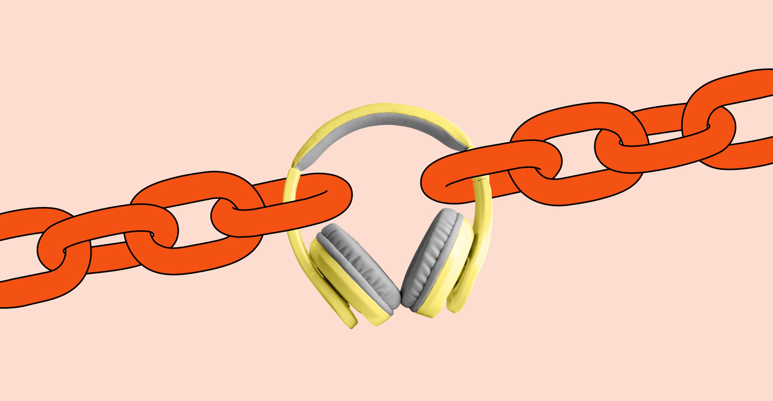 A yellow headphone, caught between two orange chains, is being pulled it in opposite directions