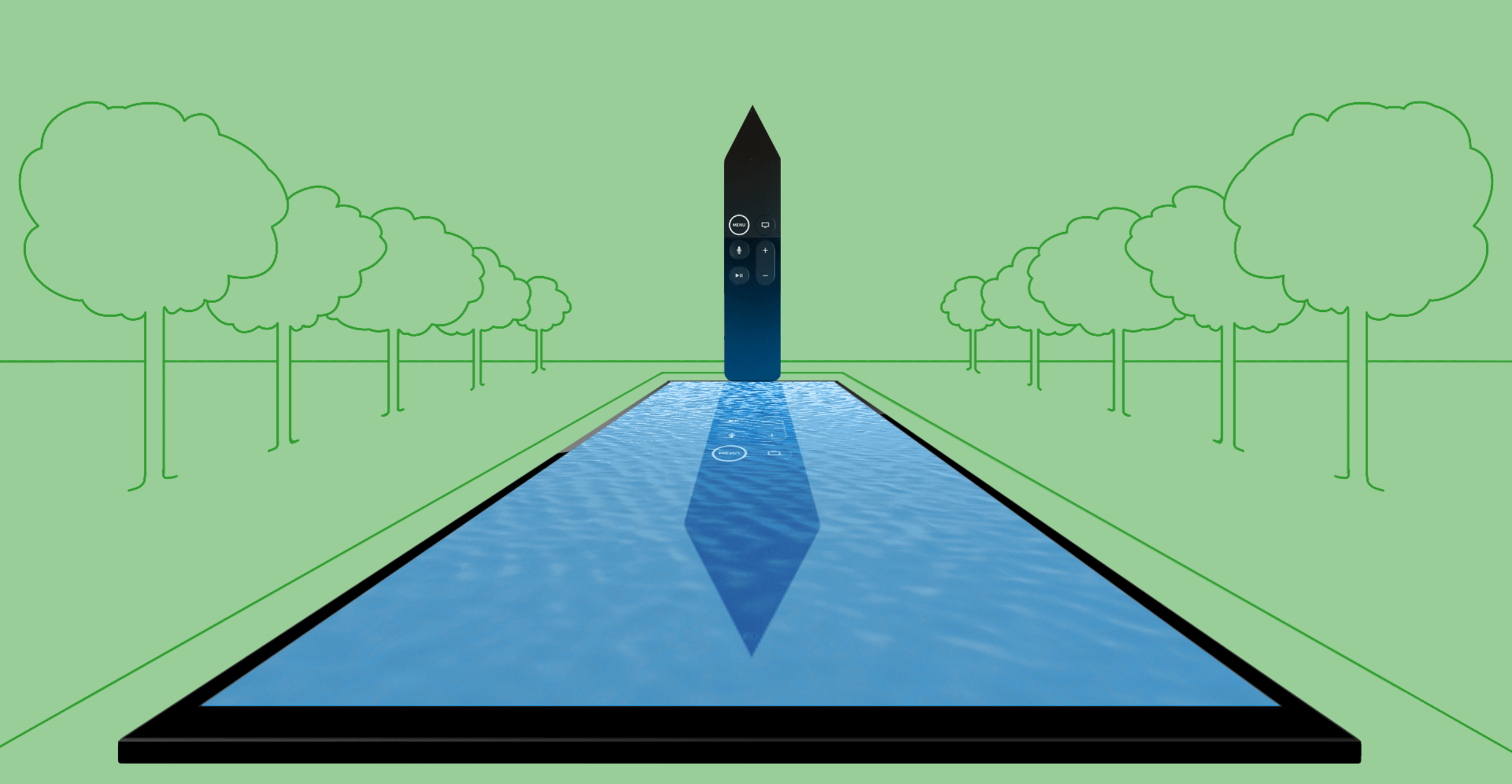 A tv remote, shaped like an obelisk, stands in front of a body of water where it's reflection is mirrored.