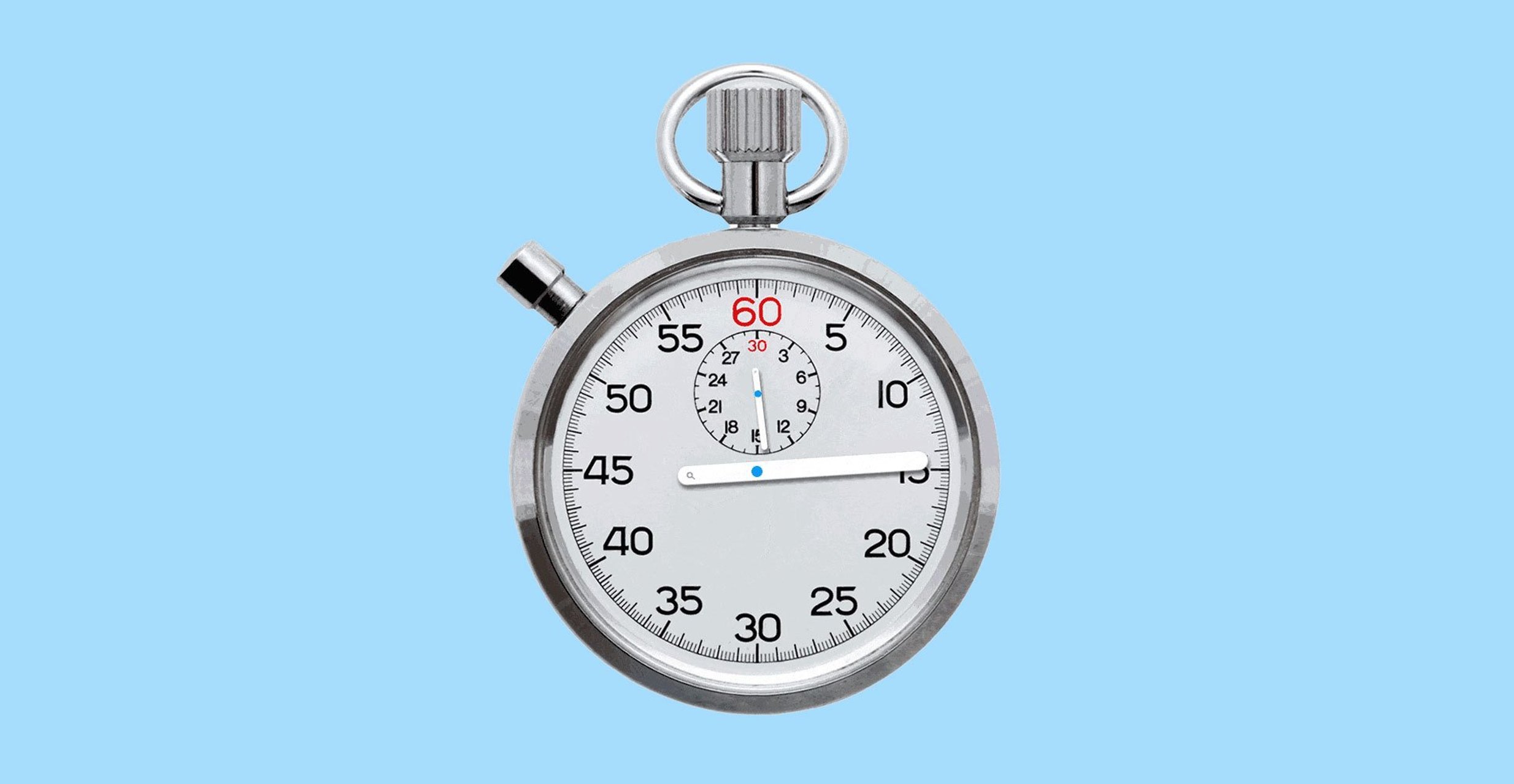 A silver stop watch passing time on a blue, solid background