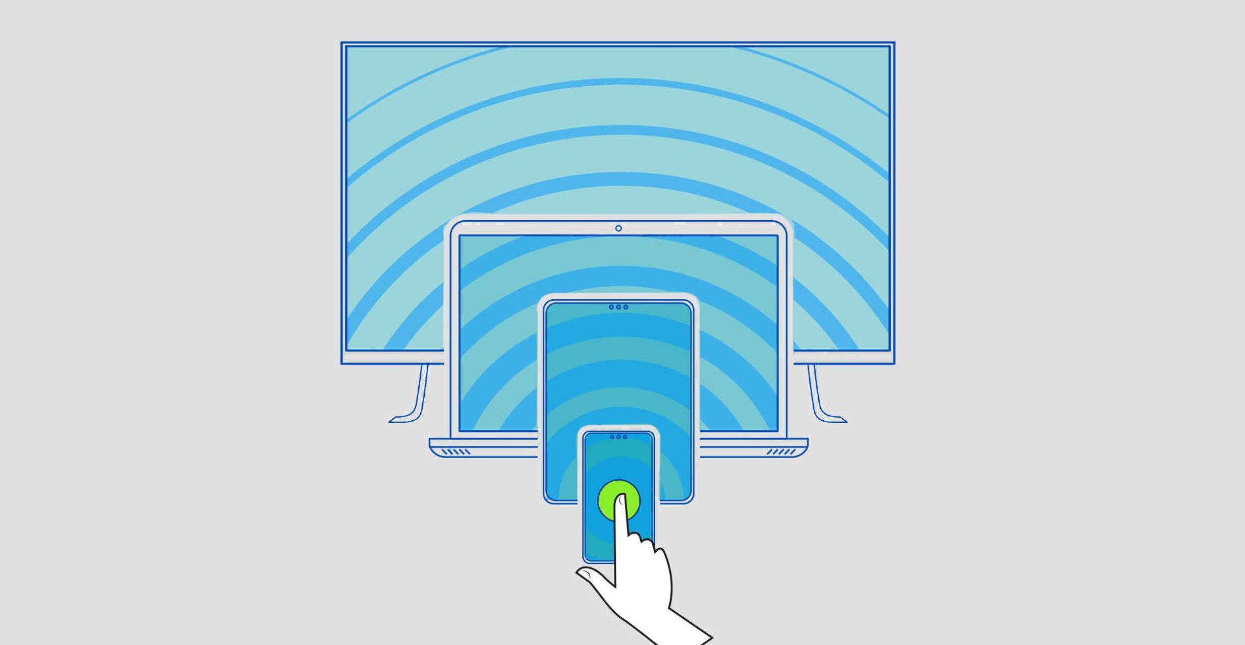 Illustration shows devices lined up behind each other in the order of phone, tablet, laptop and TV,  while a hand taps a green circle on the phone.