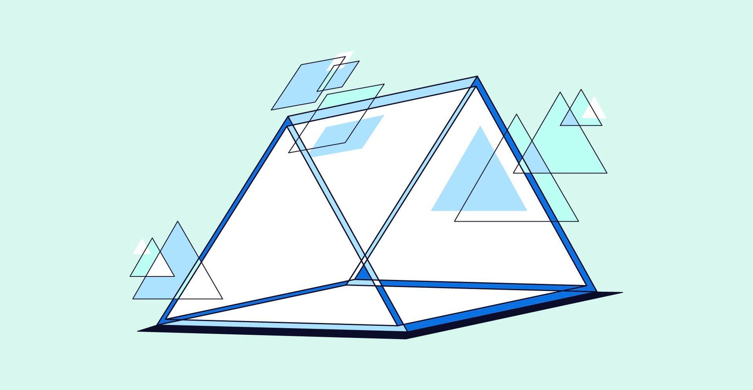 Graphic pictures an animated prism with small triangles around it against a mint green background