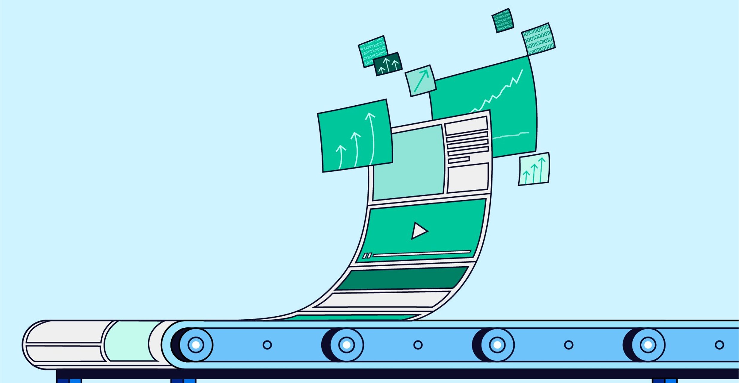 A newspaper shaped web page surrounded by boxes of line charts and binary code moves through a conveyor belt