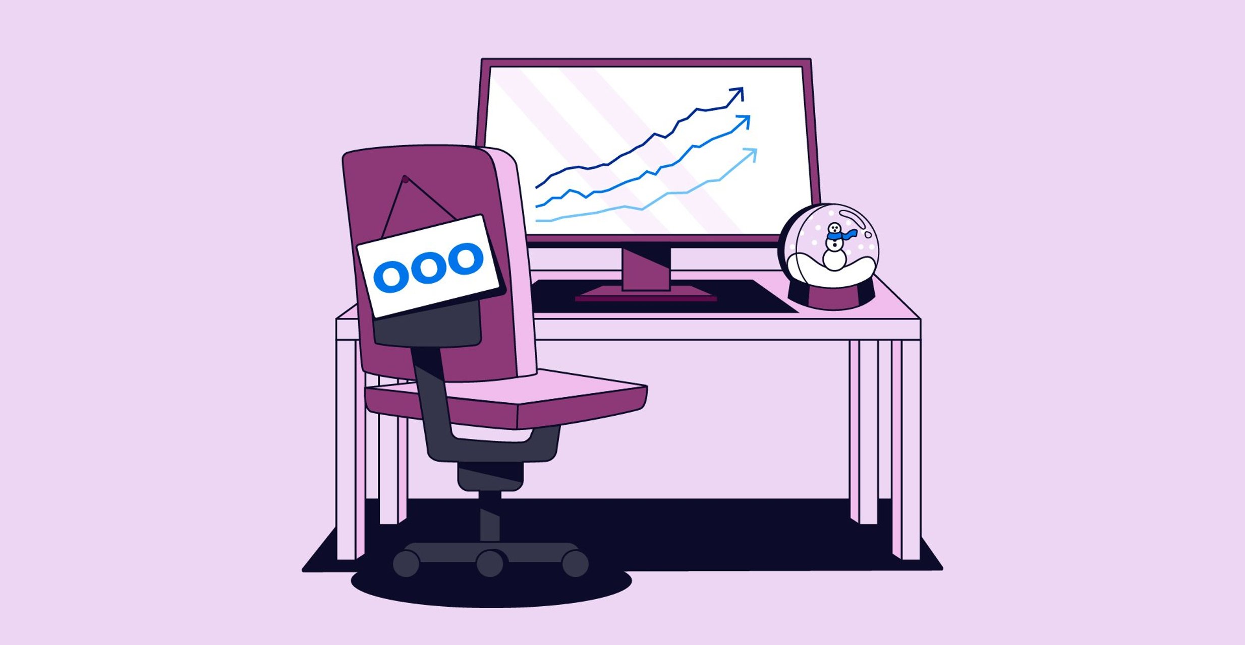 Purple graphic of an office chair with "OOO" sign representing the end of the year