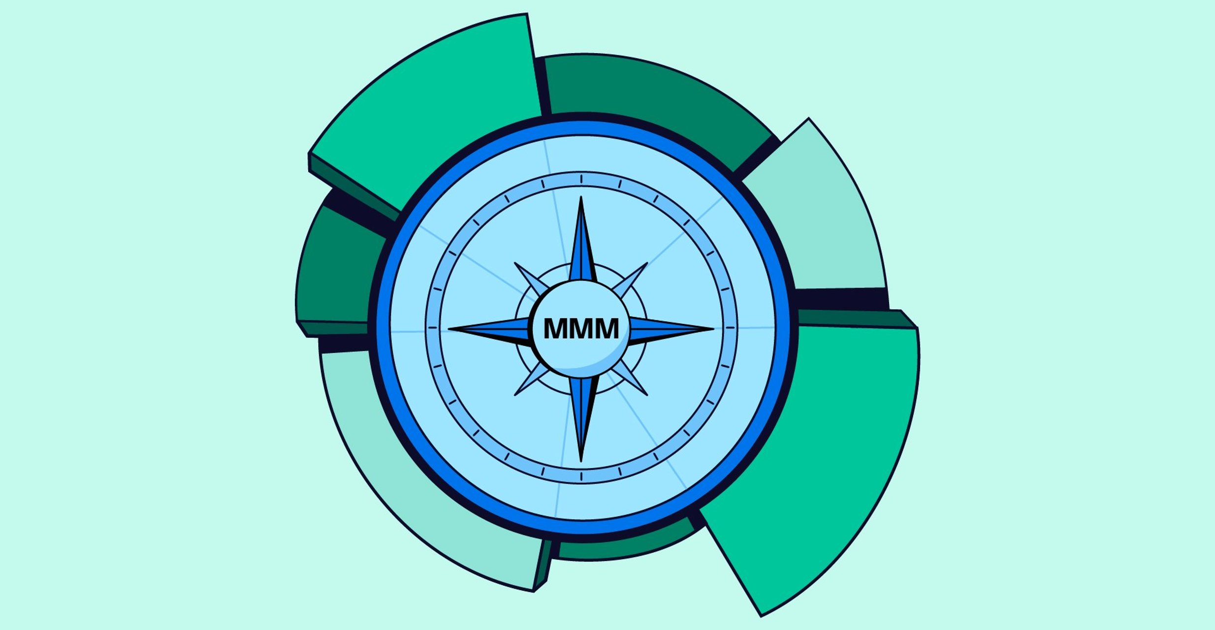A stylized compass graphic with the letters "MMM" in the center, surrounded by segmented circular design elements in varying shades of blue and green.